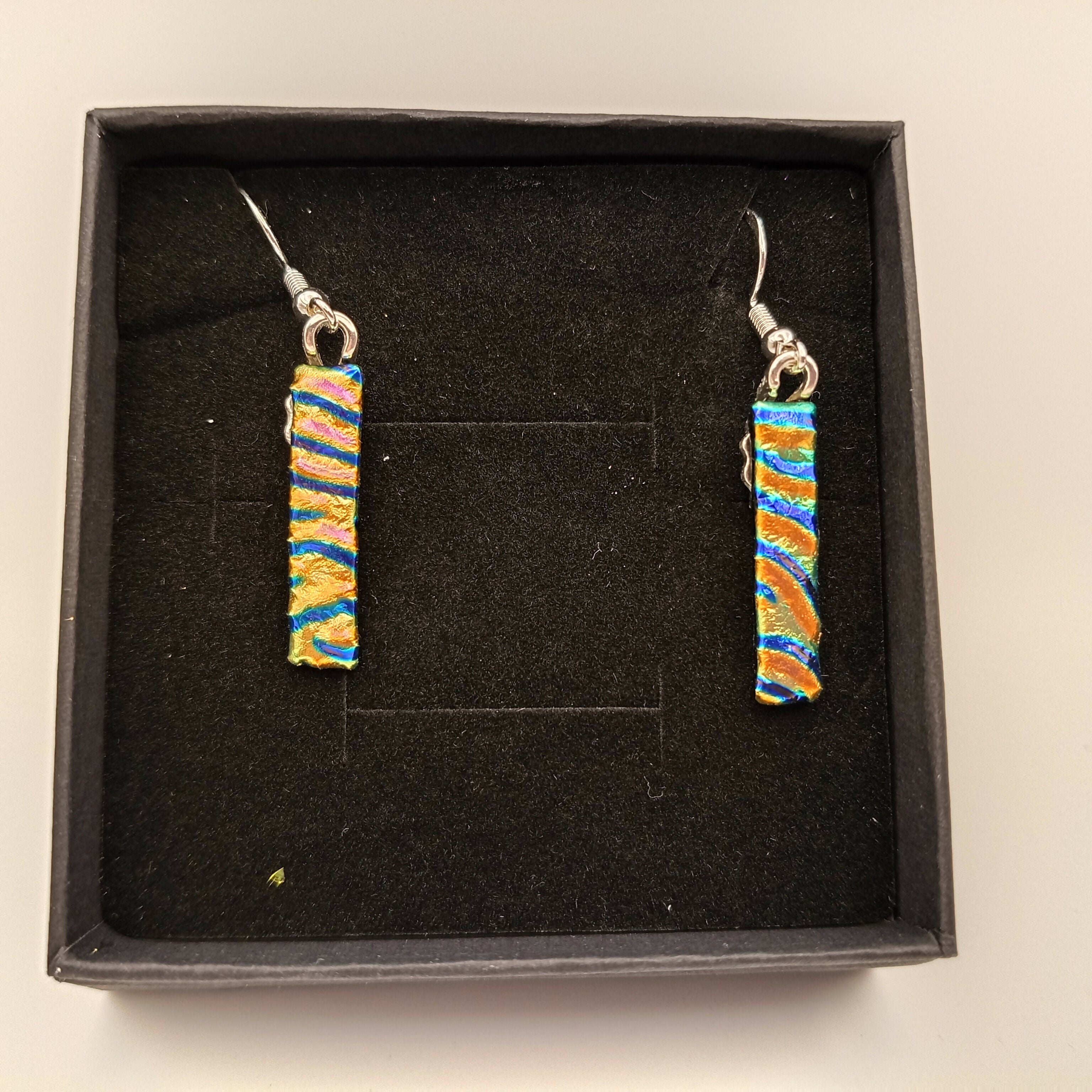 Gold and Blue Rippled Dichroic Earrings