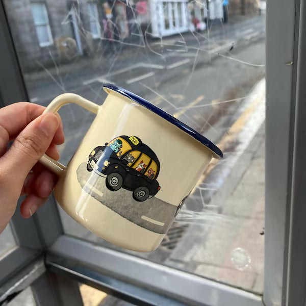 Enamel Cats in taxi travel mug