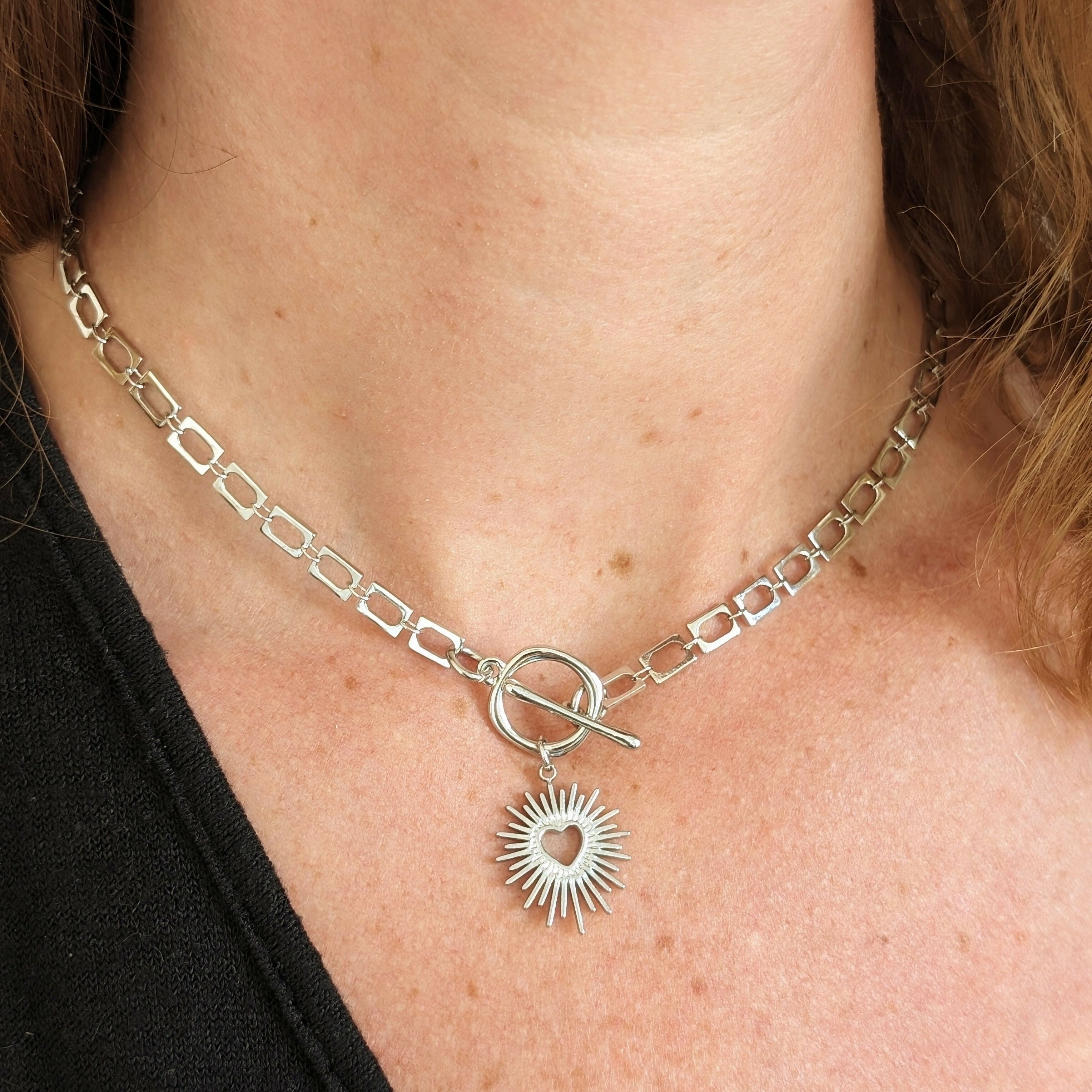 Sacred Heart Silver Toggle Necklace on Rectangular Rhodium Plated Chain