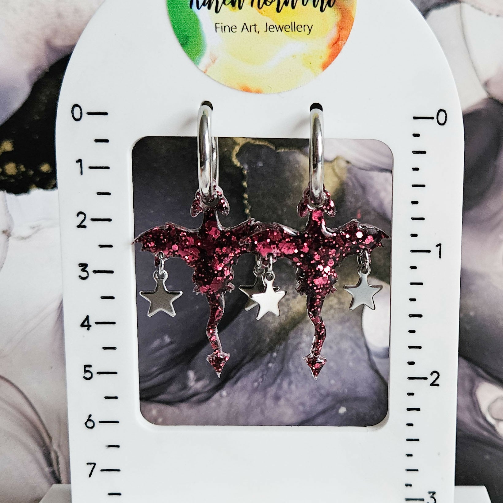 Handmade Burgundy Glitter Resin Dragons And Star Charms Chunk Hoops Earrings