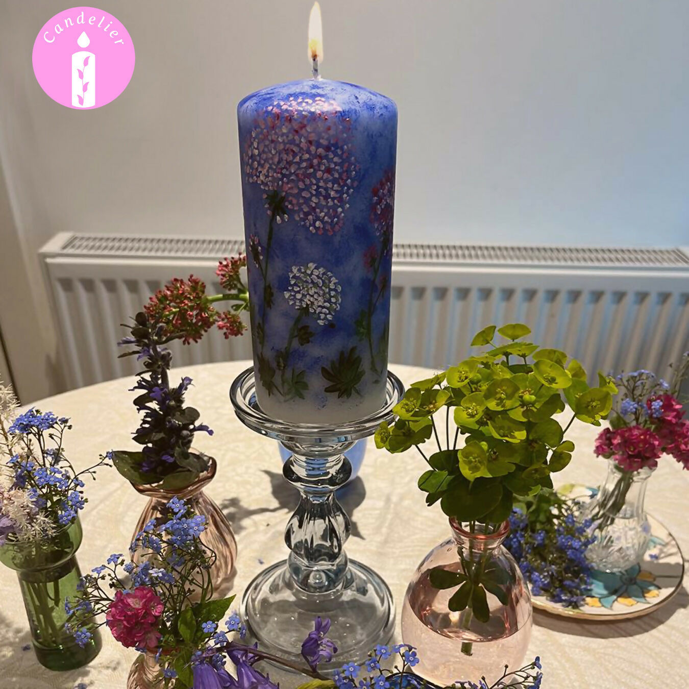 Blue Candle with Floral Design