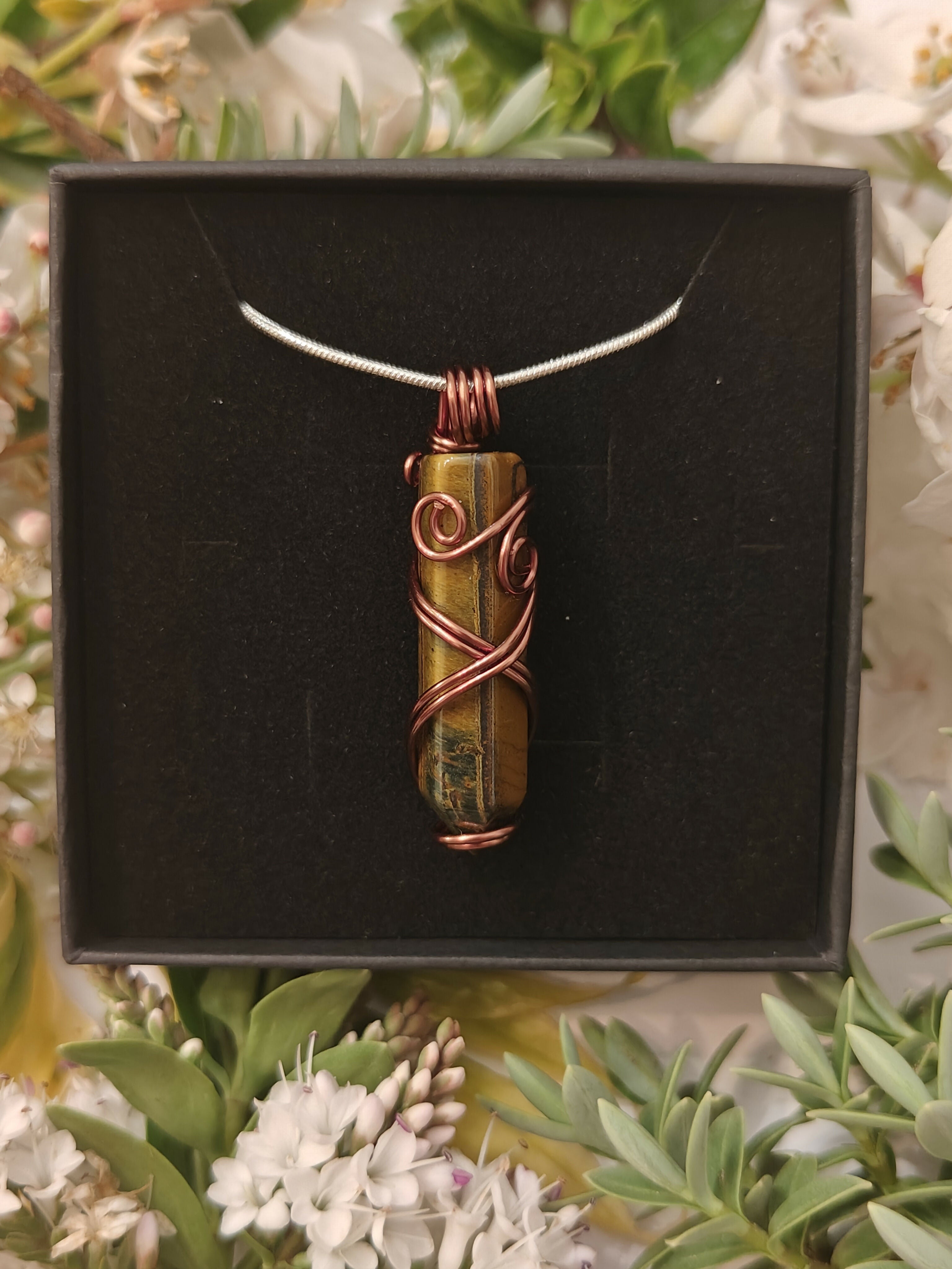 Tigers Eye Wire Wrapped Crystal Point Necklace on Sterling Silver Chain