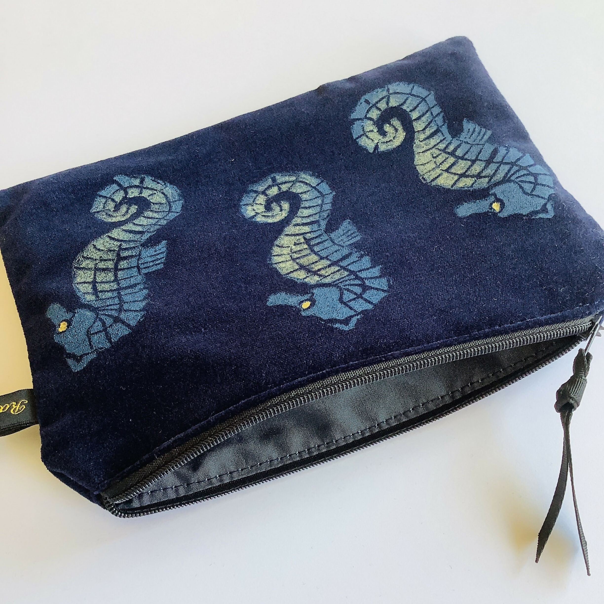 Midnight Blue Seahorses Velvet Zip-Up Pouch With Wrist Strap