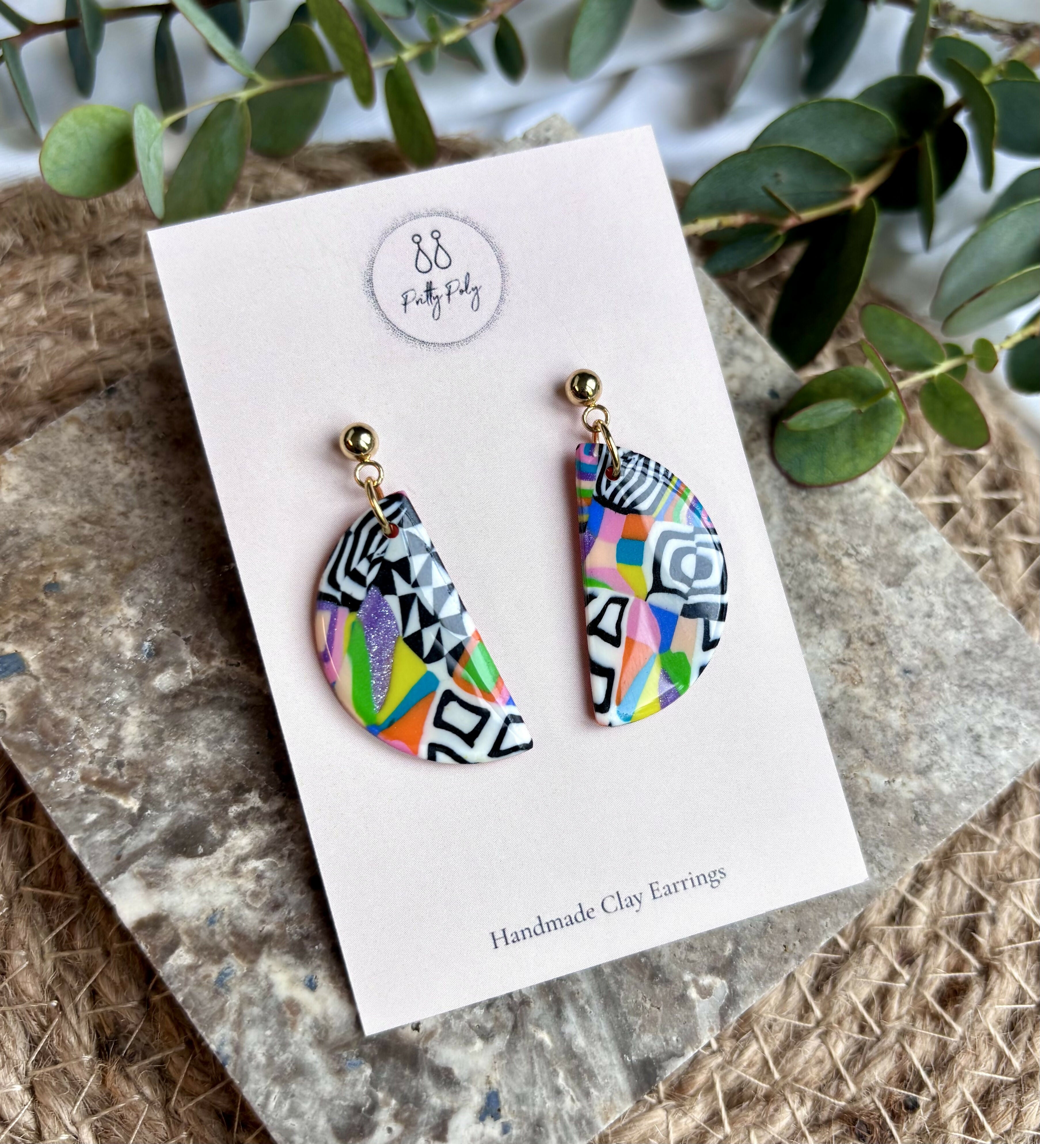Funky Pattern Collection - Semi Circle Polymer Clay Earrings
