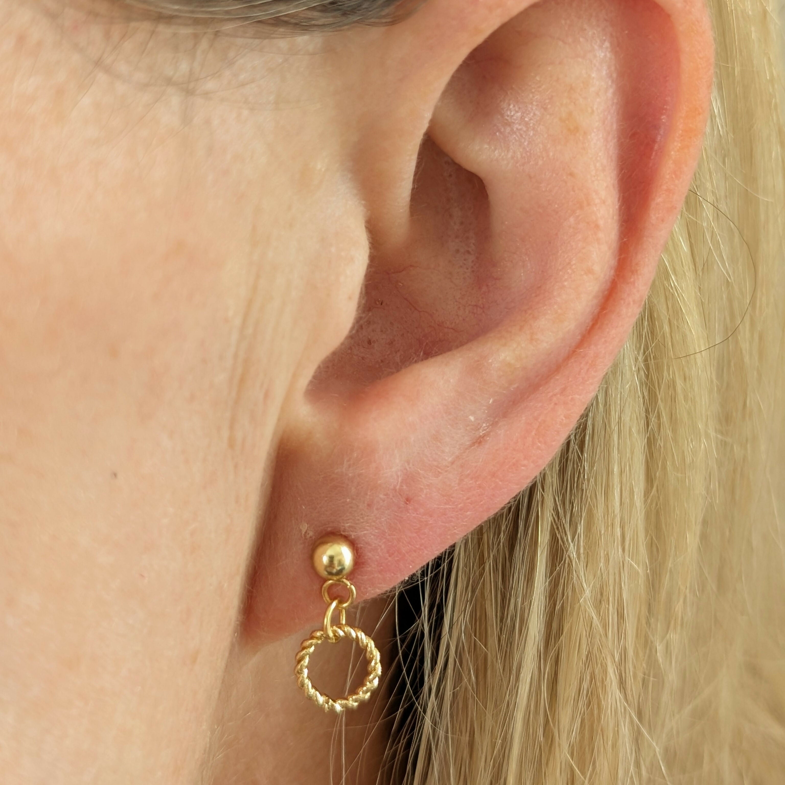 Tiny Minimalist Circle Earrings in Rope Twist Style on a Gold Plated Stud
