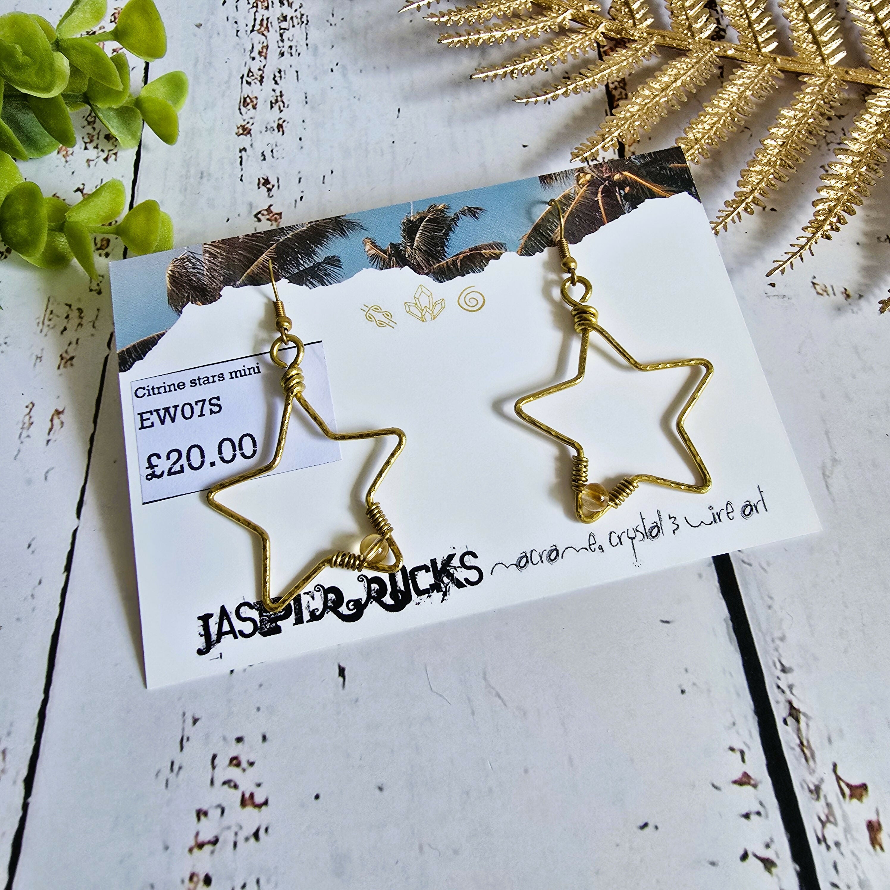 Citrine Star Gemstone Earrings; Delicate Gold Wire Bohemian Earrings With Crystal Sparkle