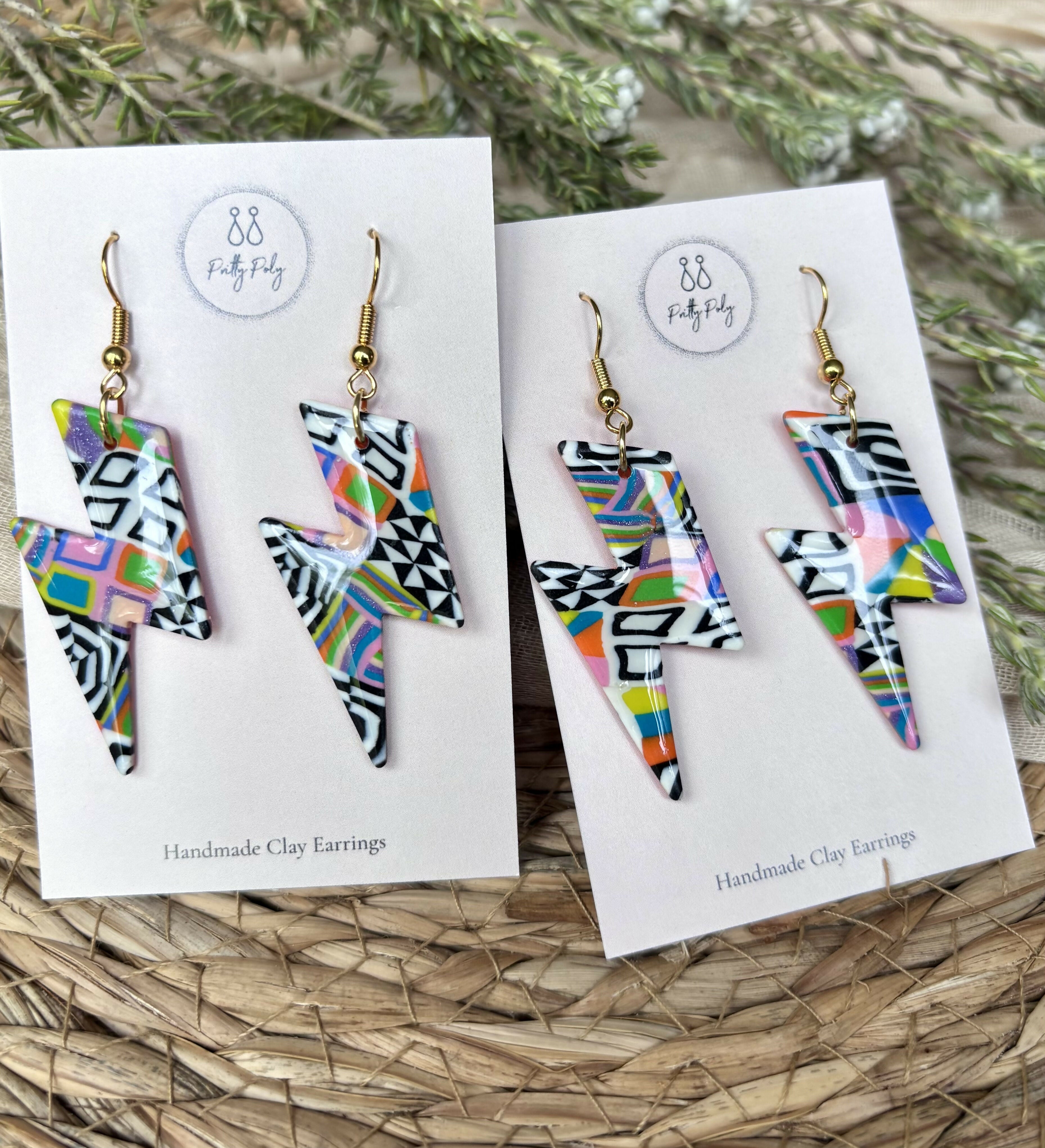 Funky Pattern Collection - Lightening Bolts Polymer Clay Earrings Hooks