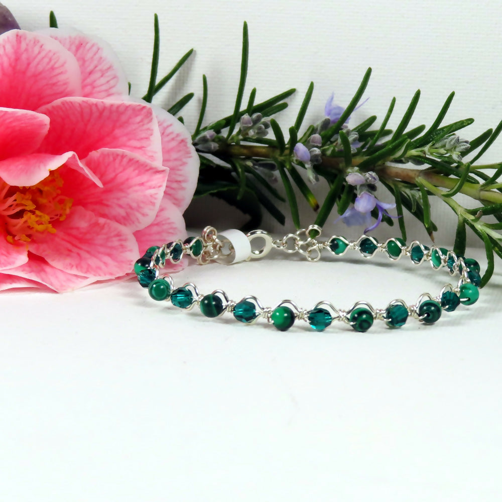 18cm Silver Plated Stacking Bracelet with Malachite and Emerald Swarovski Rounds