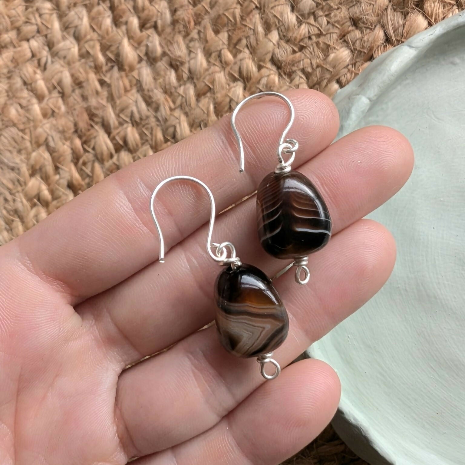 Botswana Agate Dangle Earrings. Made with 925-Sterling-Silver