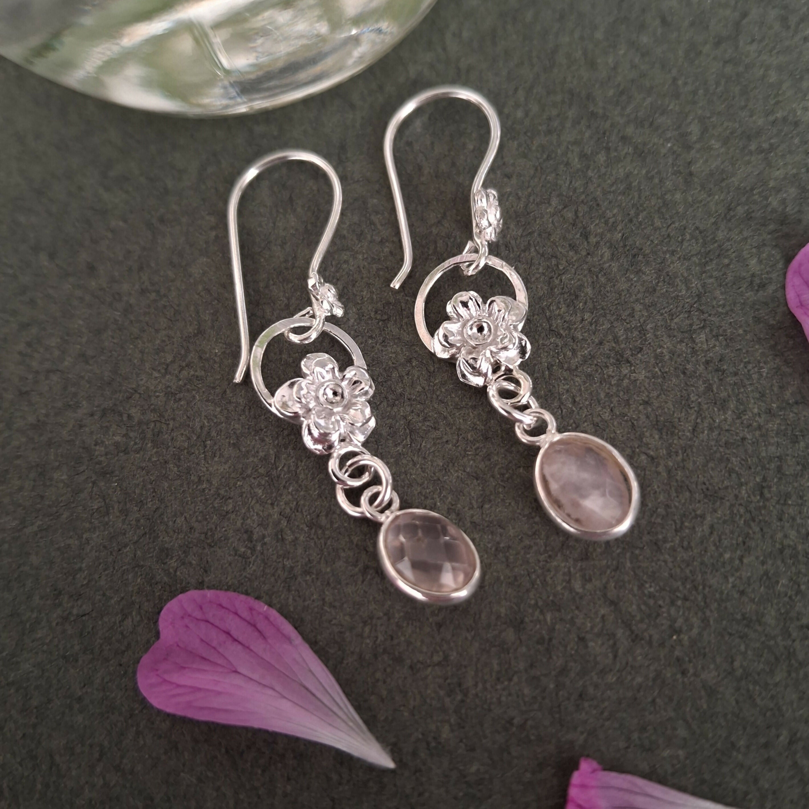 Handmade Silver Forget Me Not Earrings With Rose Quartz