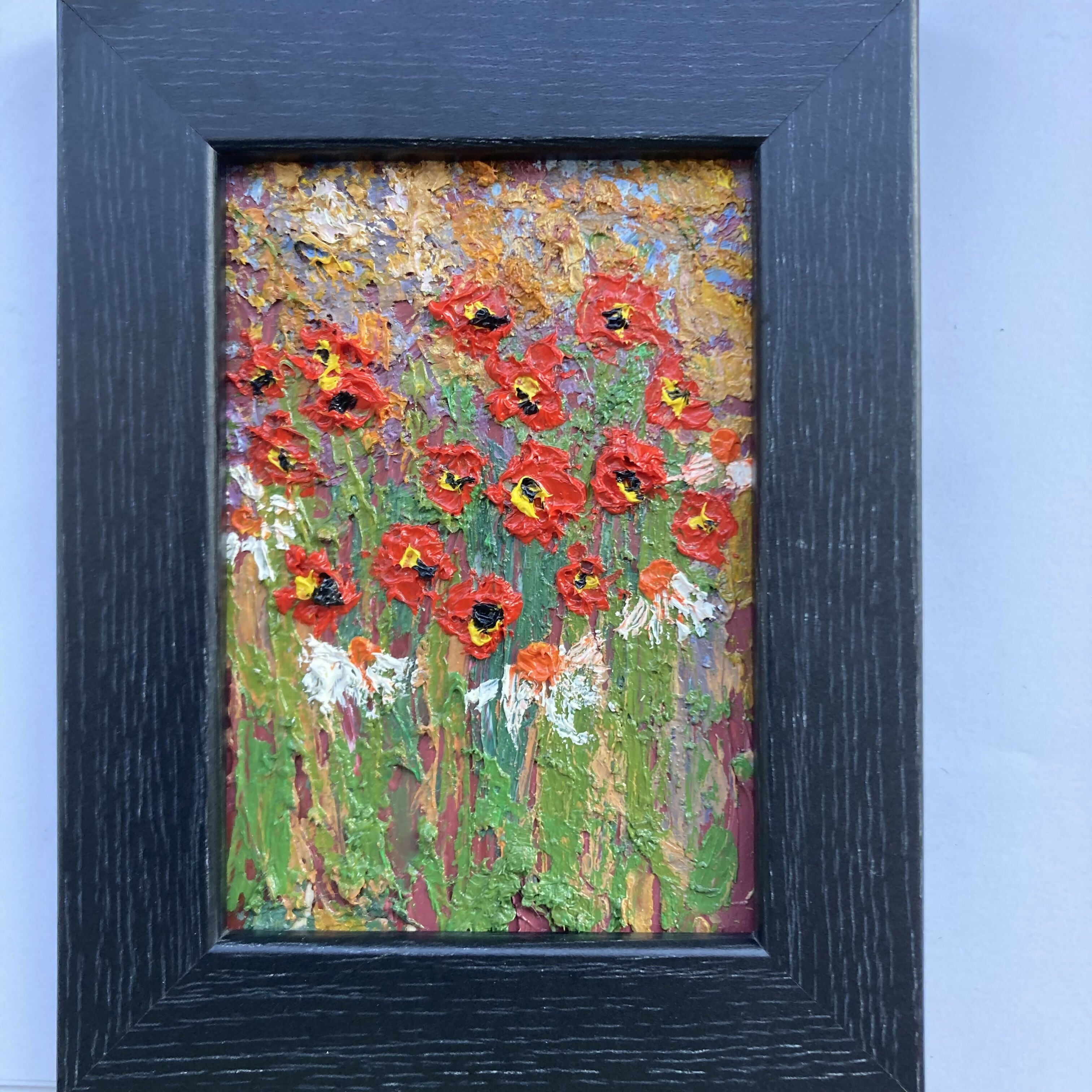Poppies and daisies original black framed oil painting