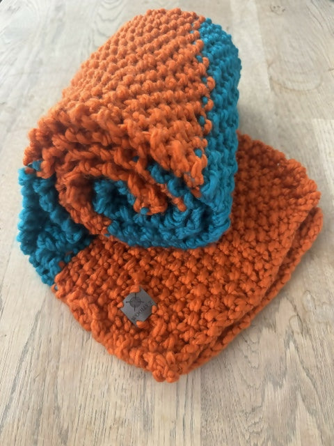 LONG COSY CHUNKY STRIPY SCARF - ORANGE & RAINFOREST BLUE