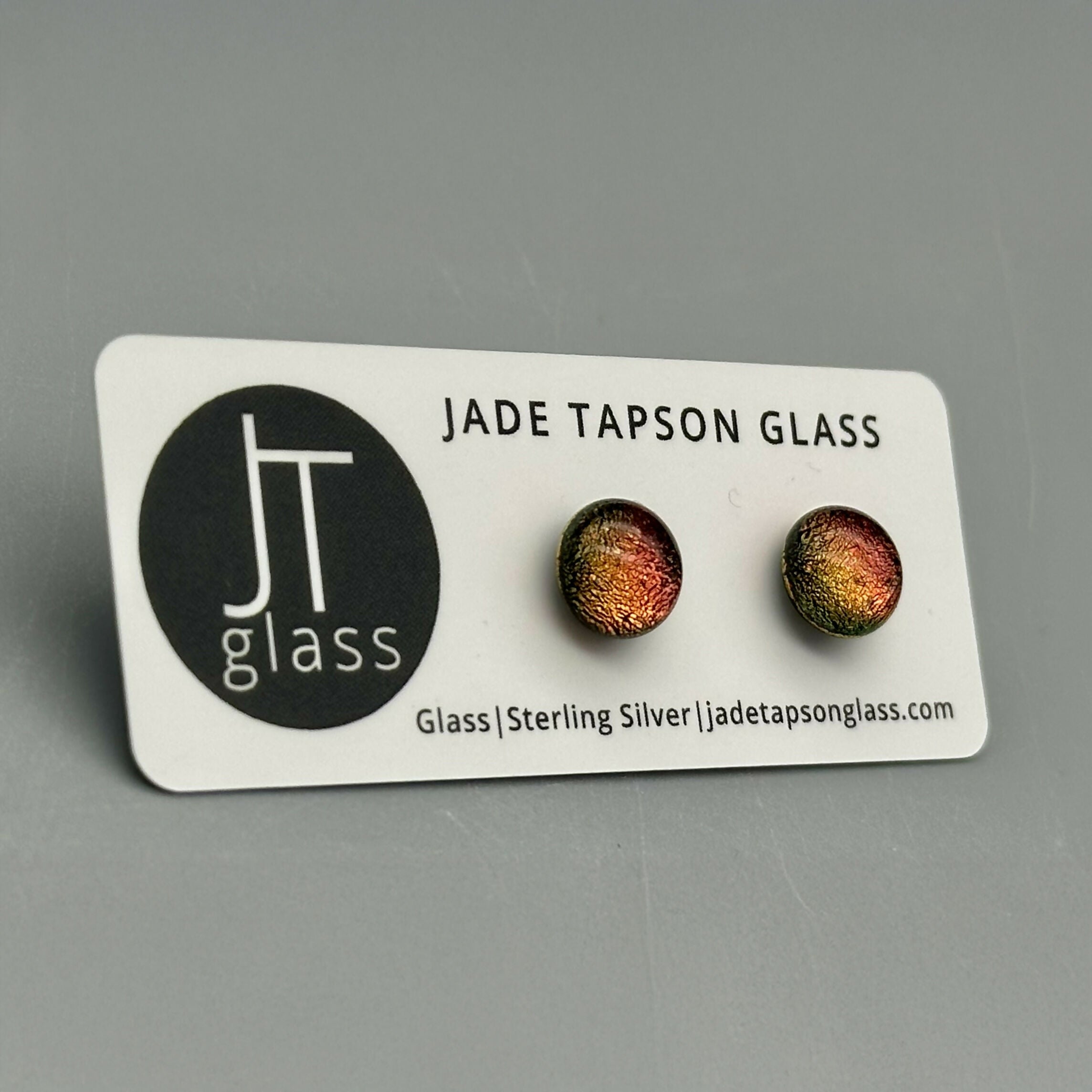 Red Dichroic Fused Glass Sterling Silver Stud Earrings - Handmade by Jade Tapson Glass.