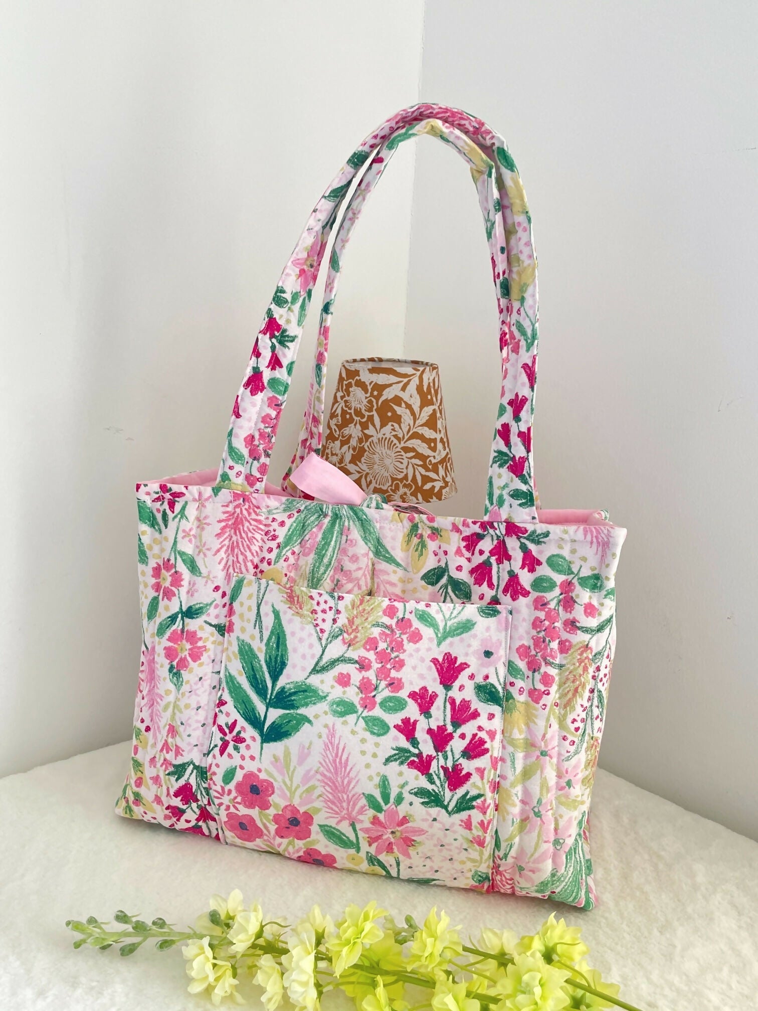 Quilted Tote Bag Pink Floral Design with Ribbon Closure Handmade in UK