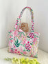 Quilted Tote Bag Pink Floral Design with Ribbon Closure Handmade in UK