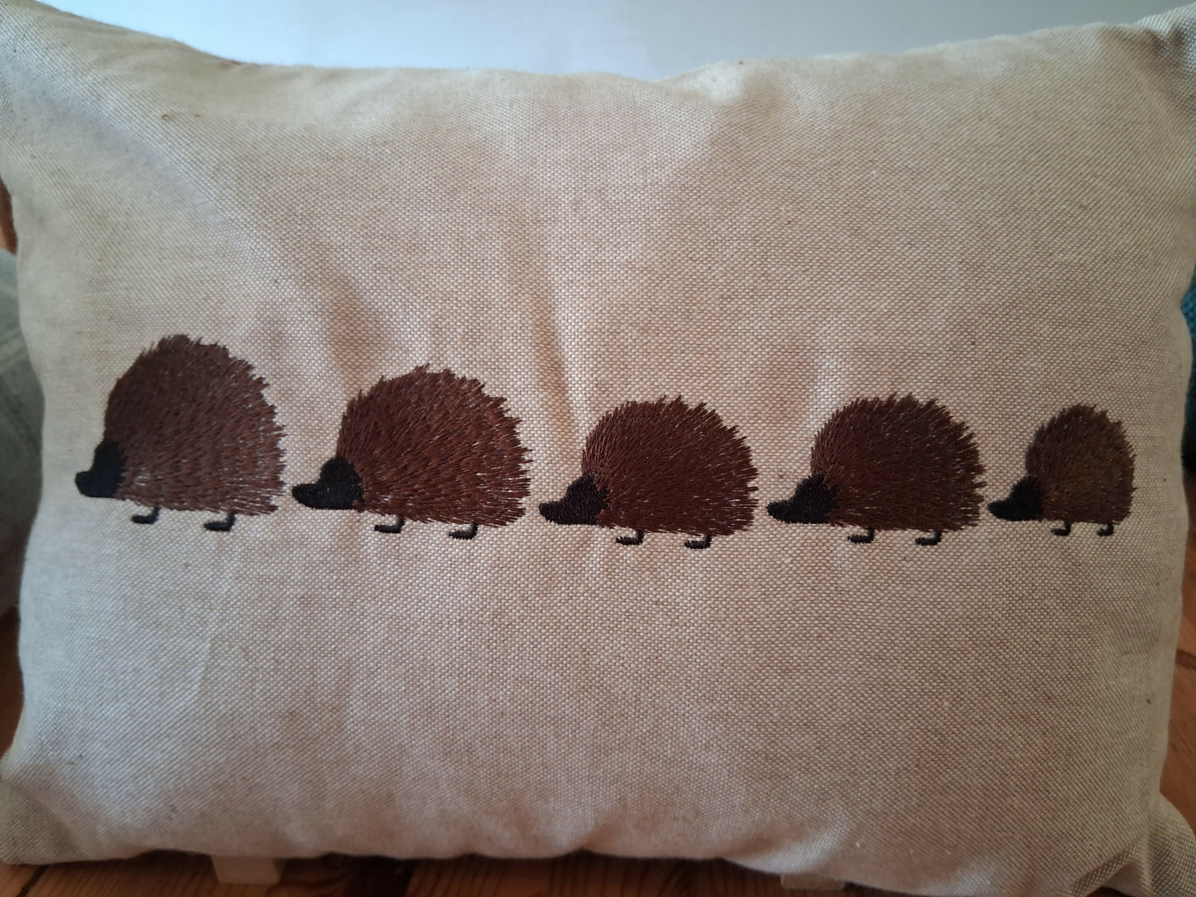 Hedgehog Family Natural Linen Look Bolster Cushion - Handmade and Embroidered