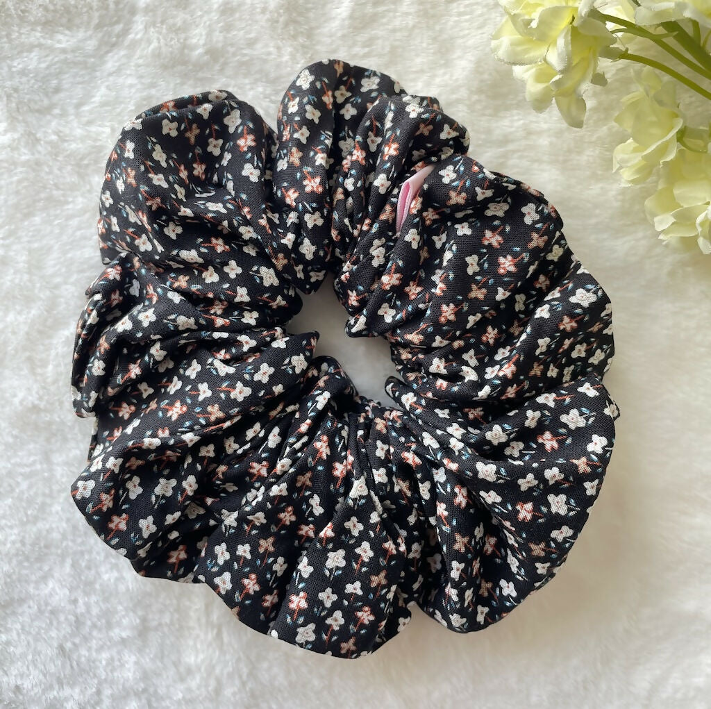 Handmade Scrunchie Black Ditsy Cotton