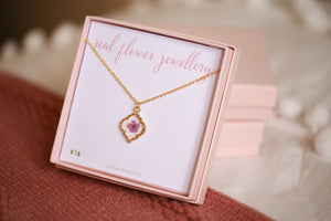 Purple Baby’s Breath Fancy Diamond Shaped Bezel Necklace Gold Plated