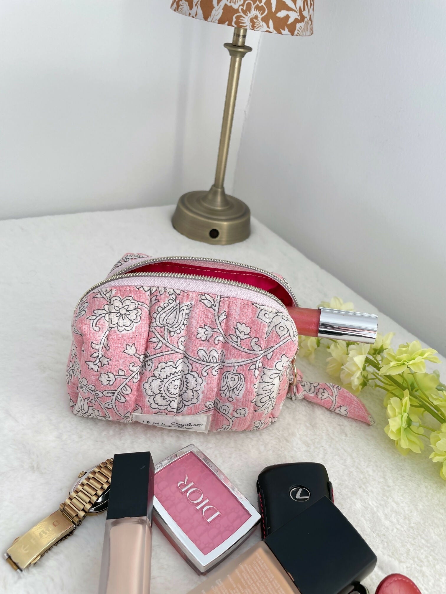 Pink Quilted Toiletry Bag with Zipper with white flower print