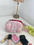 Pink Quilted Toiletry Bag with Zipper with white flower print