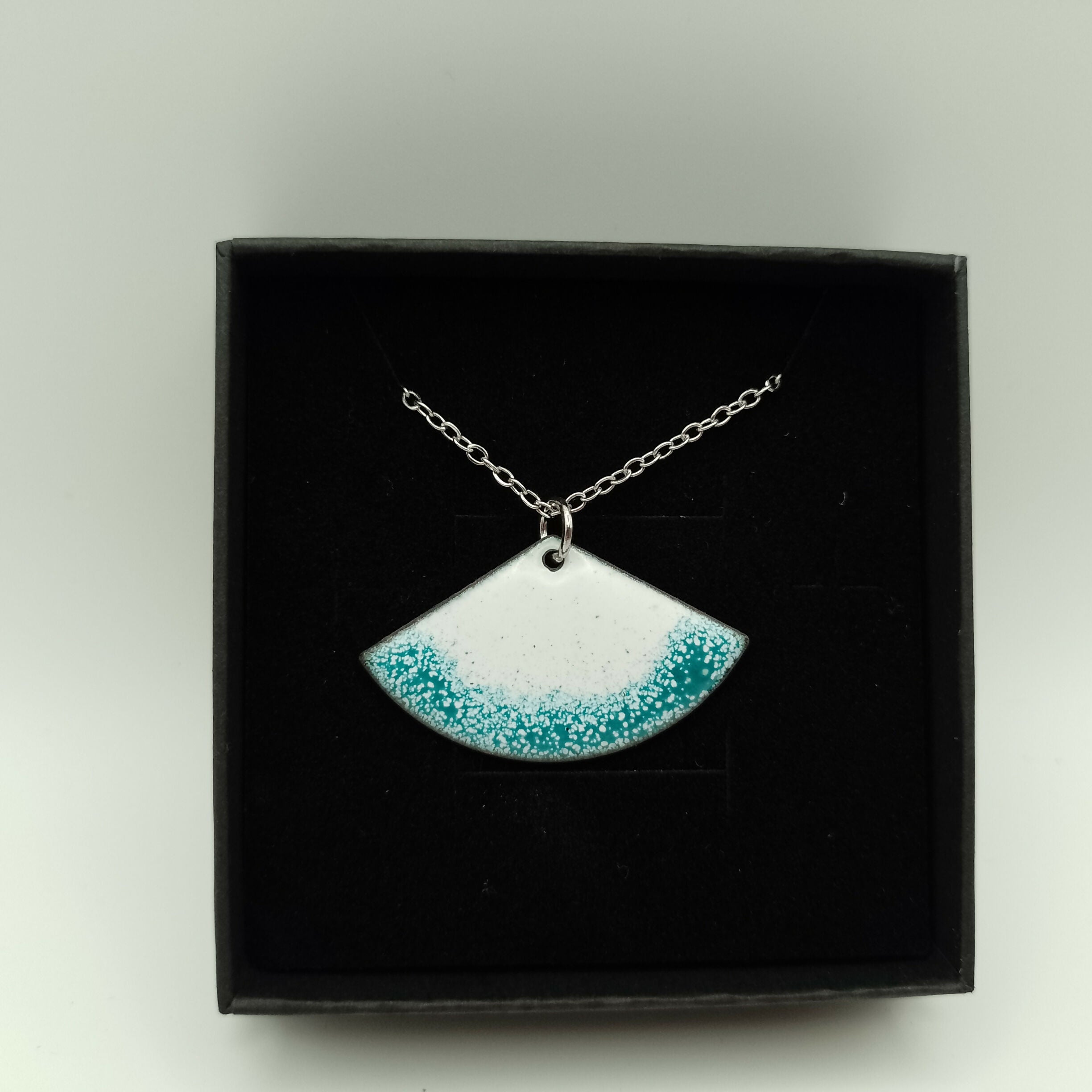 White and Teal Enamel Fan Pendant
