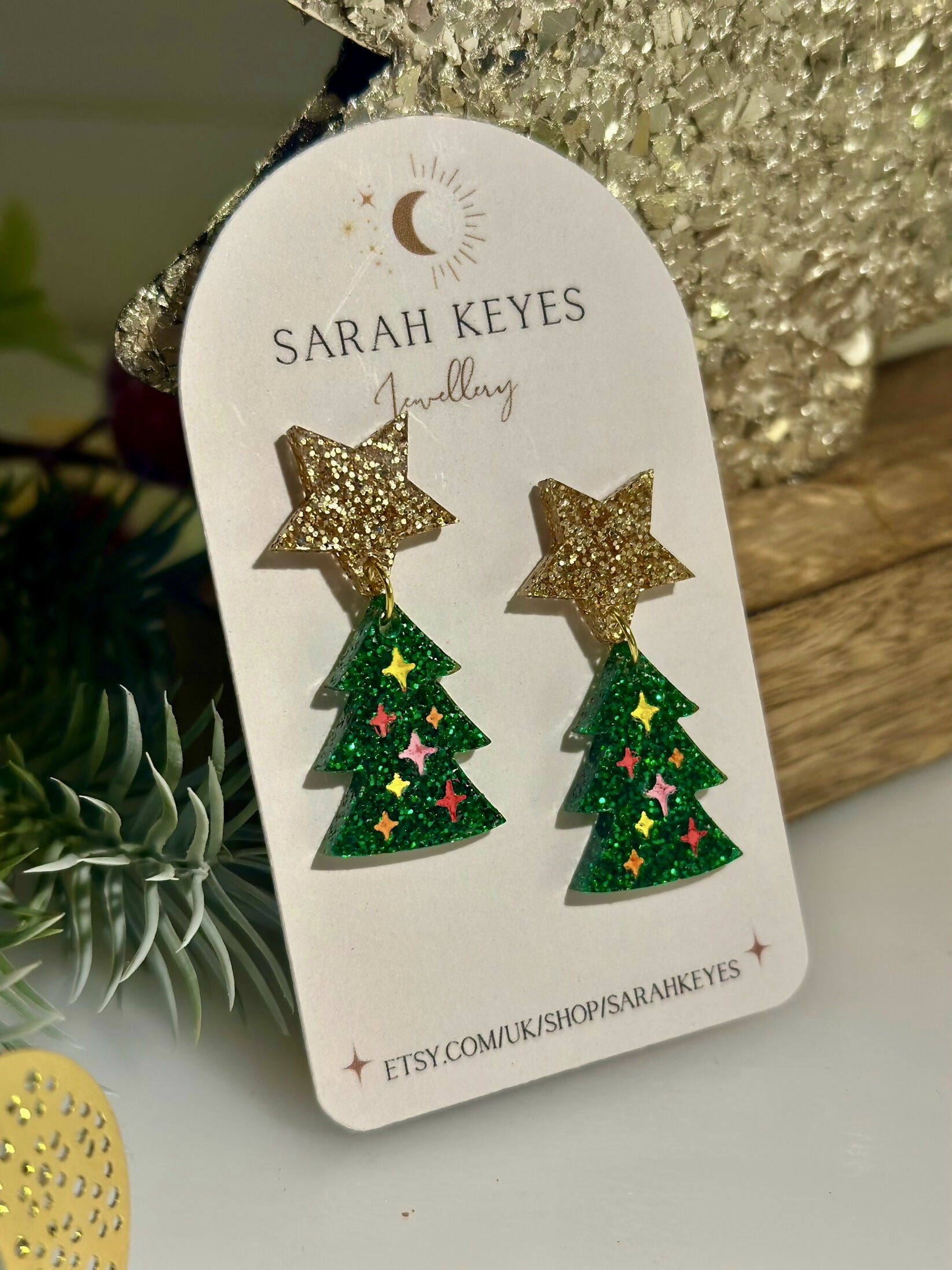 DANGLY, GLITTER CHRISTMAS TREE EARRINGS
