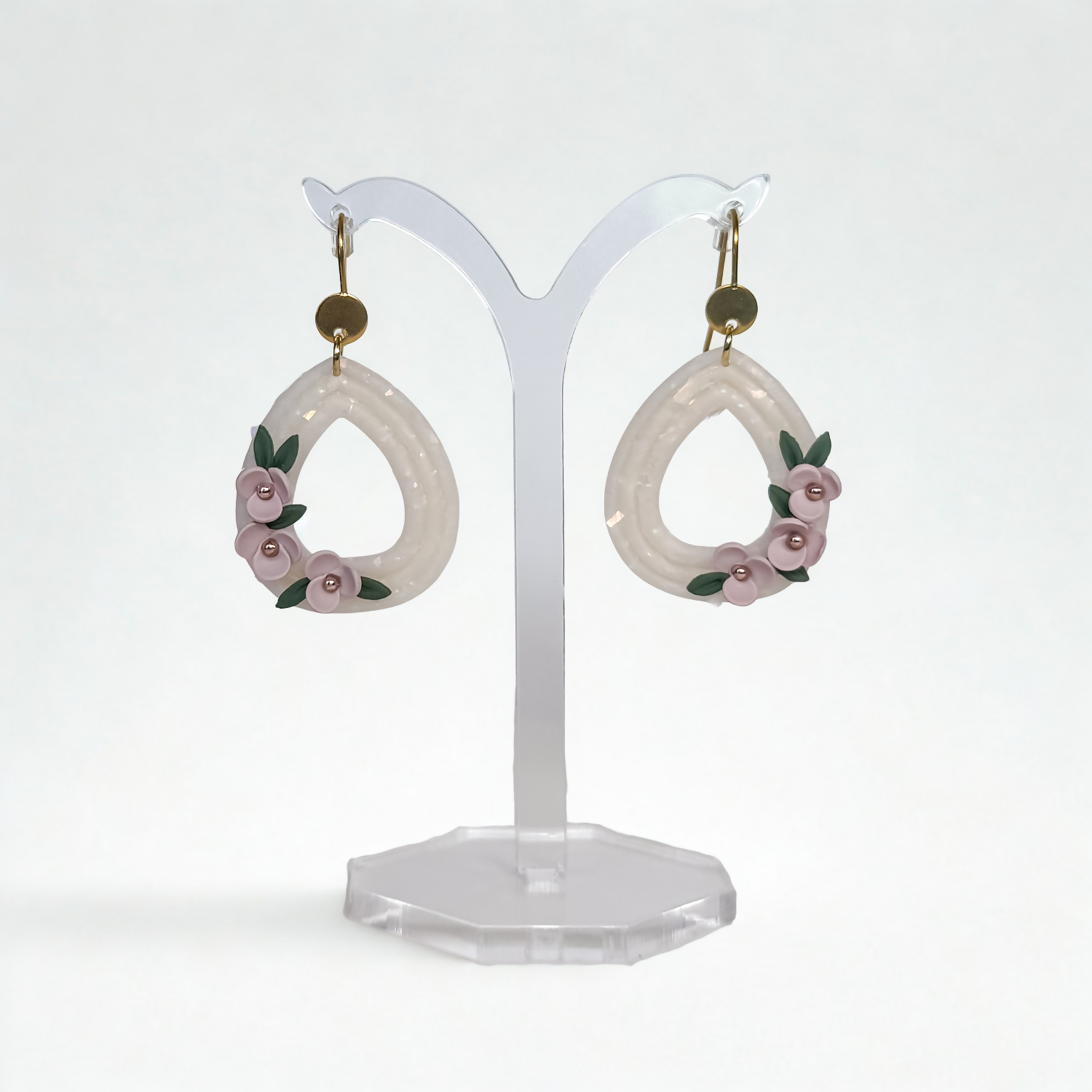 Opal Shimmer Teardrop Hoop Earrings with Floral Detail in Blush Pink