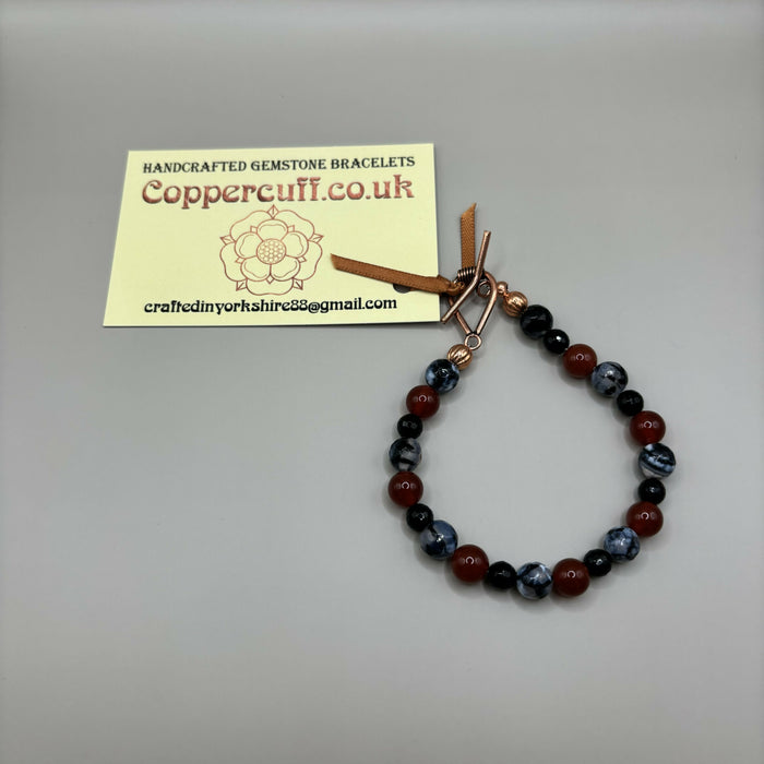 Pure Copper Toggle Catch Bracelet with Faceted Dragon Vein Fire Agate, Carnelian and Faceted Black Onyx