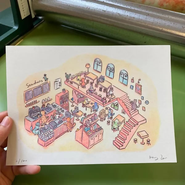 Cats in Starducks cafe riso print A5