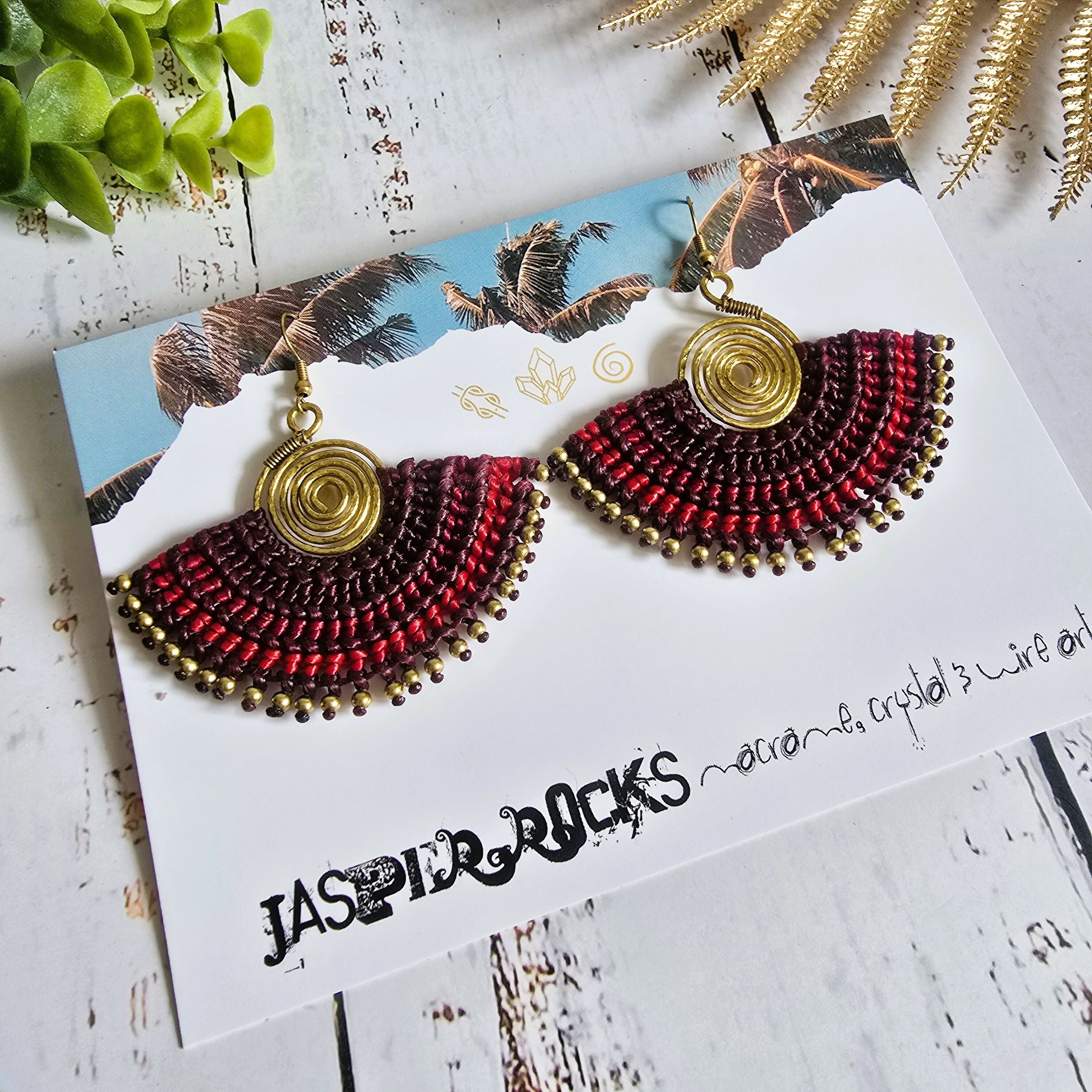 Red Macrame Fan Earrings; Statement Golden Spiral Wire-Art Thai Artisan Earrings