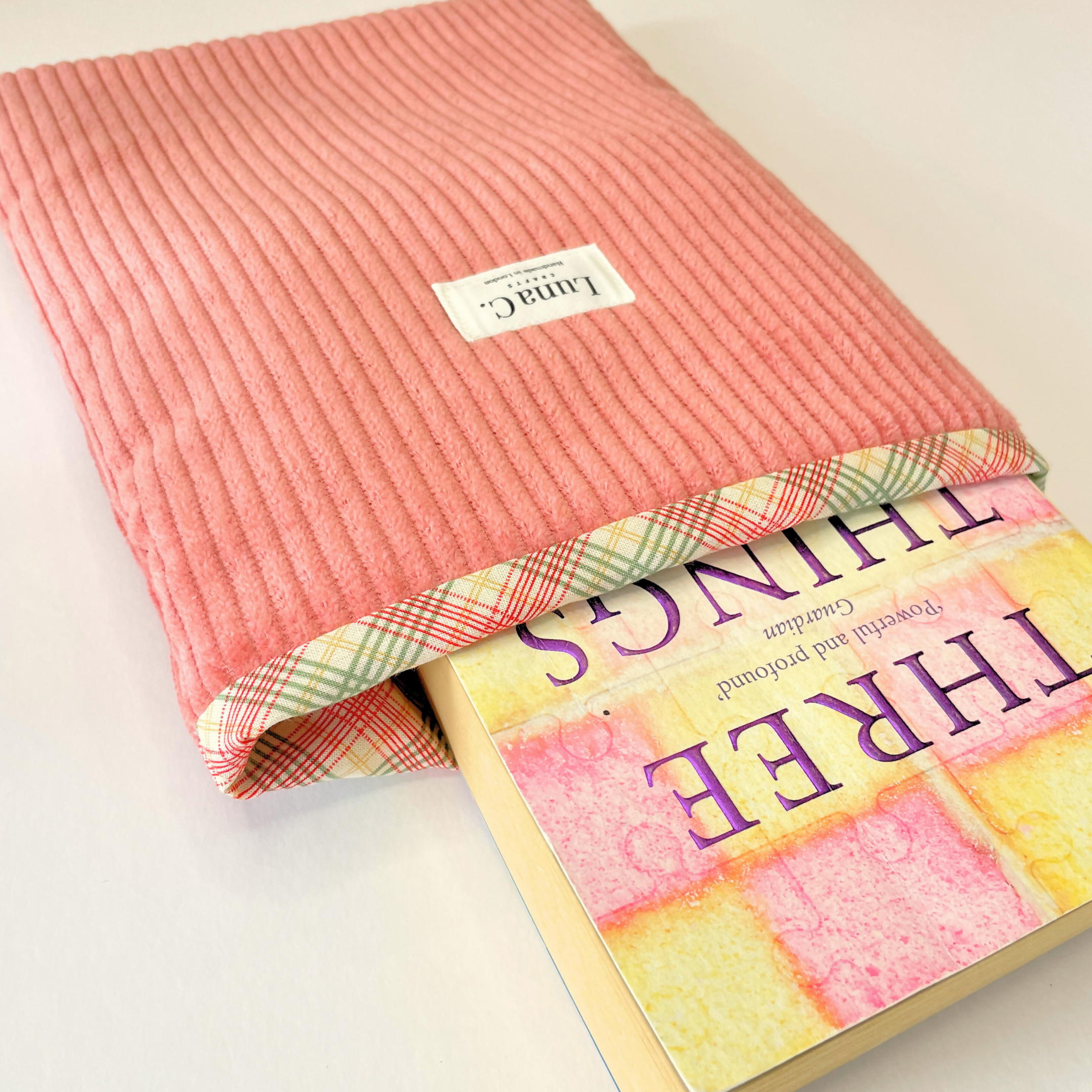 Pink Corduroy Multicolour Plaid Lining Book Sleeve
