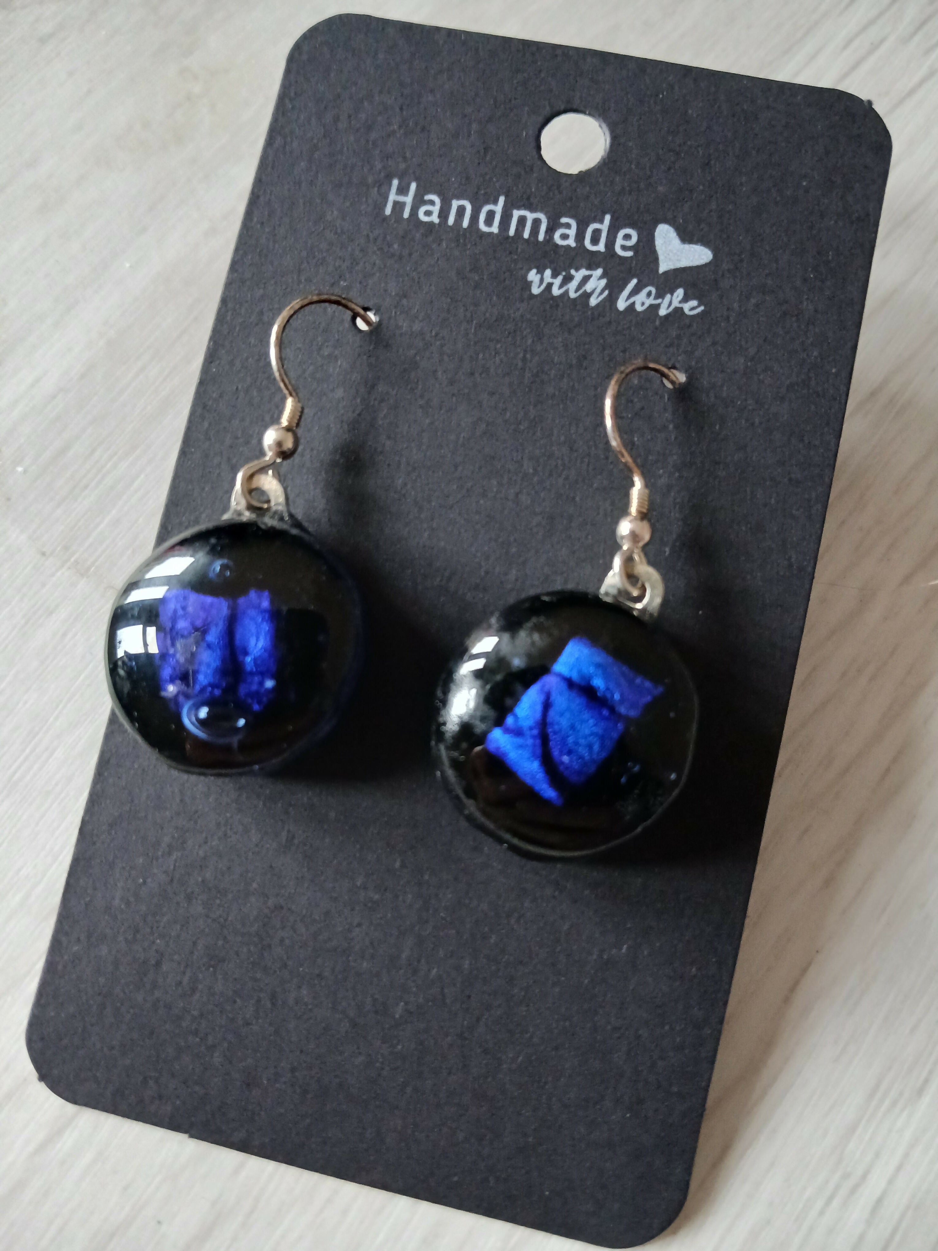 Fused Dichroic Glass Round Earrings in Blue and Black with Sterling Silver Hooks