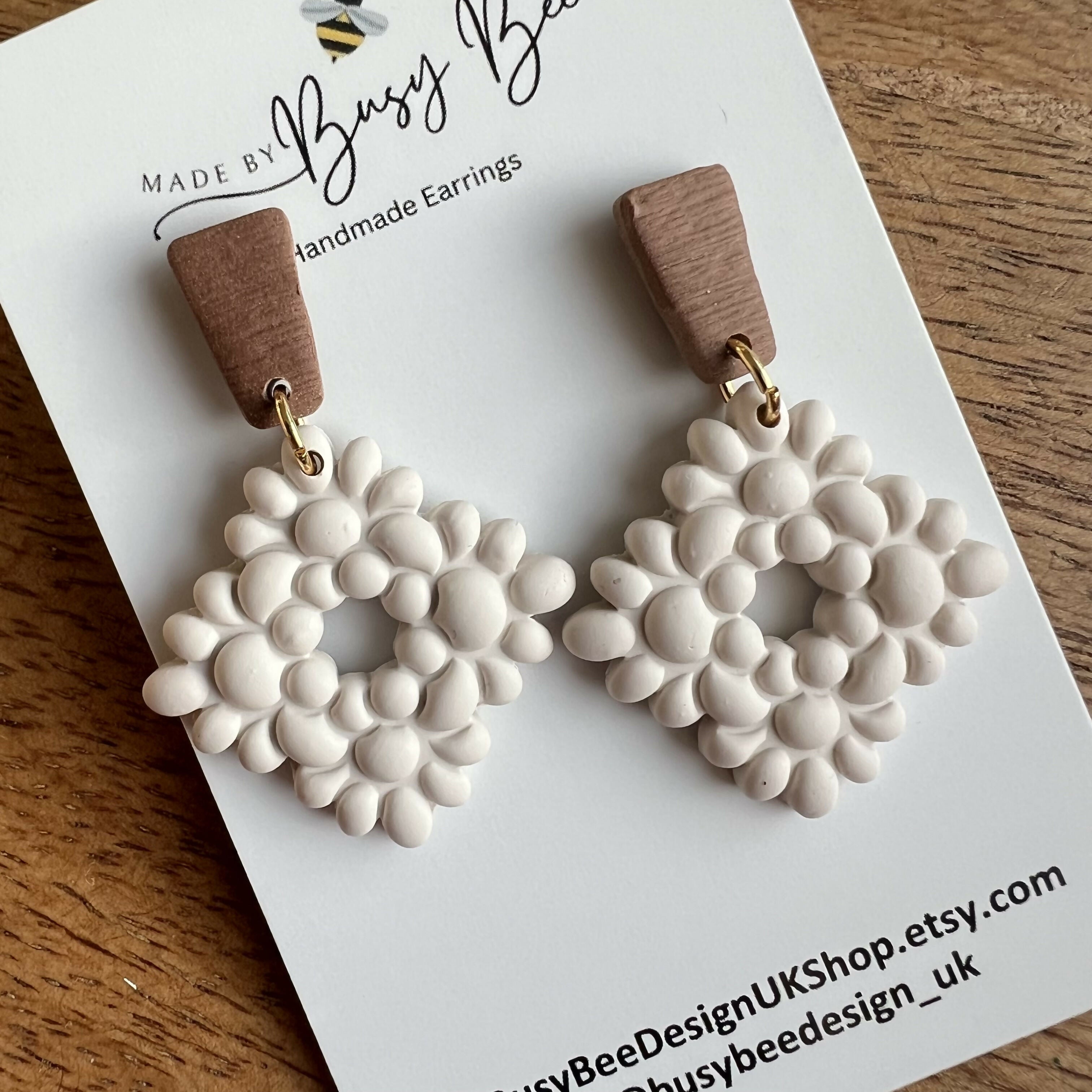 Floral Dangle Earrings – Polymer Clay Textured Earrings, Dainty Earrings, Handmade Clay Jewellery