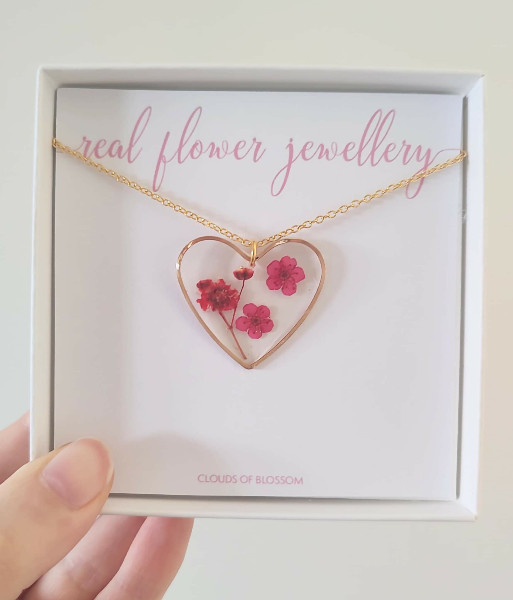 Real Flower Red Heart Necklace Gold Plated