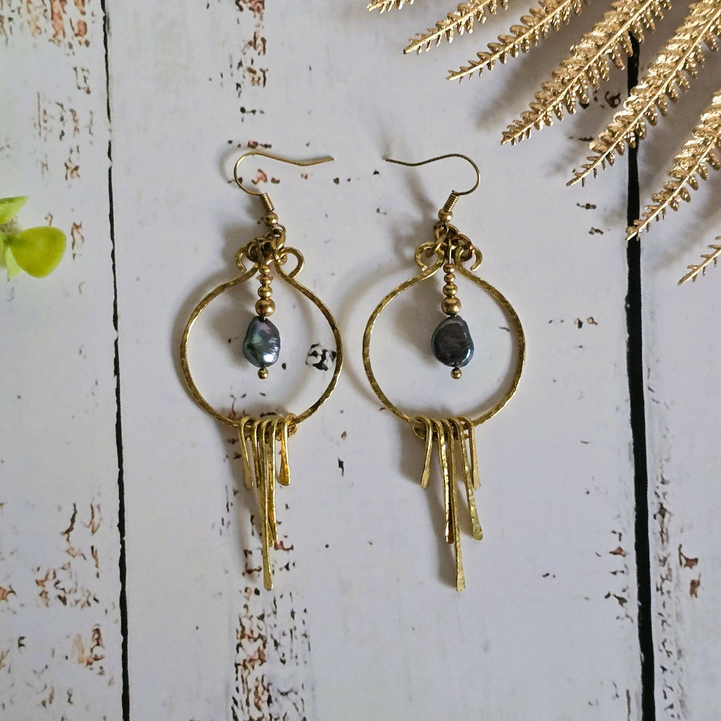 Black Pearl Gold Wire Earrings; Freshwater Baroque Natural Pearl Hammered Brass wire Hoop Dangly Earrings