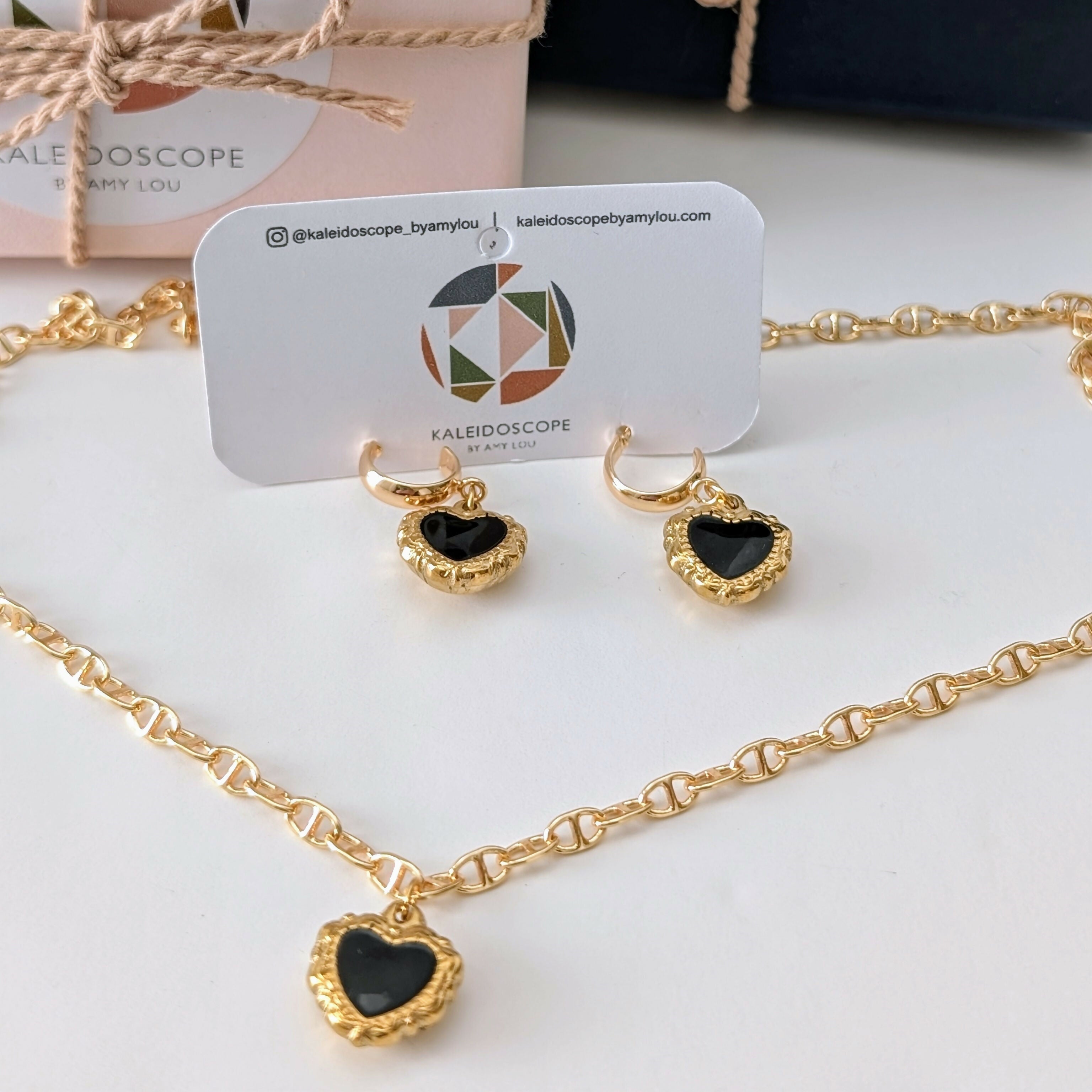 Black Enamel and Gold Ornate Heart Necklace on Gold Plated Deco Oval Chain