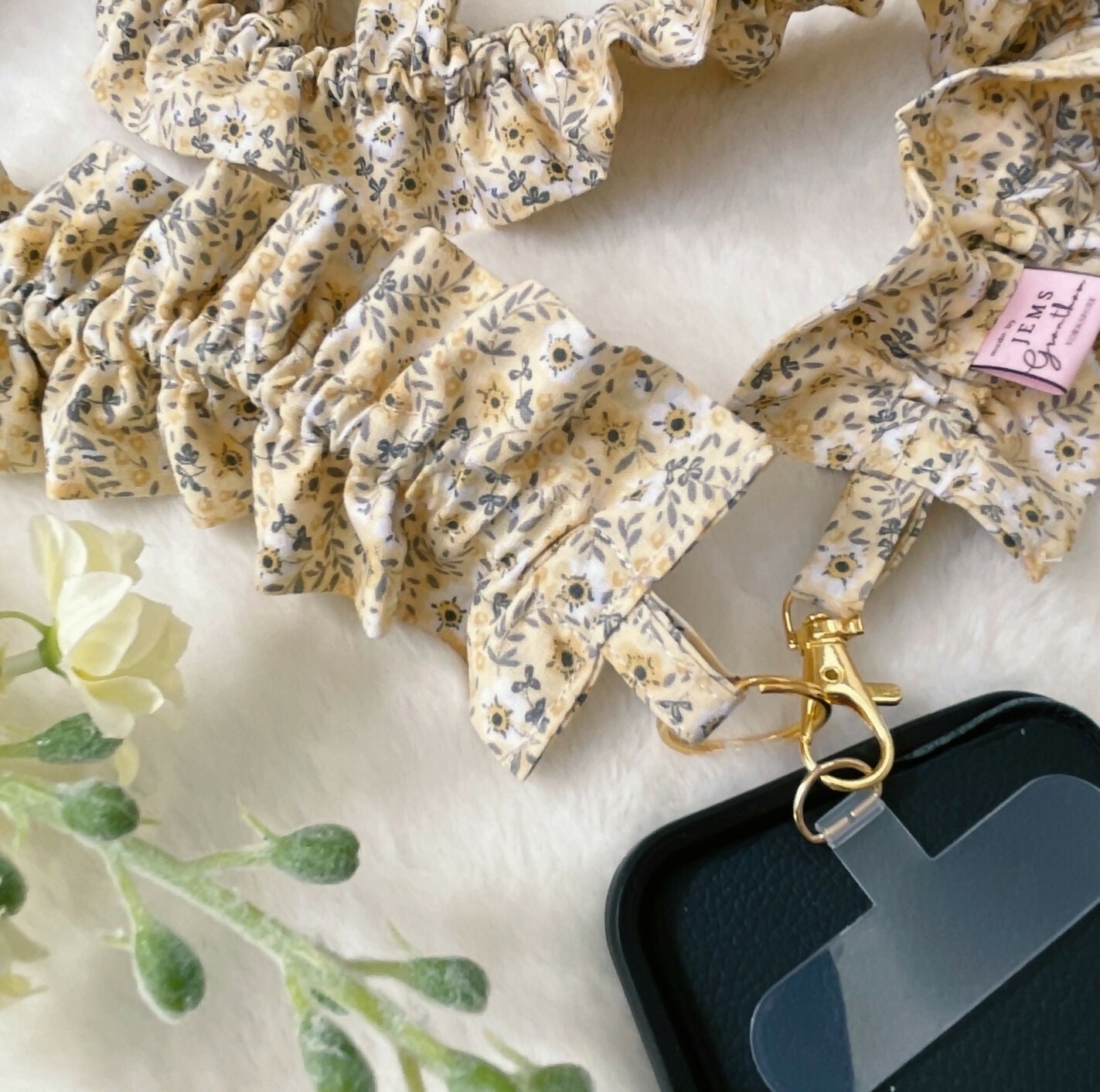 Handmade Ruffled Crossbody Phone Strap Yellow Ditsy