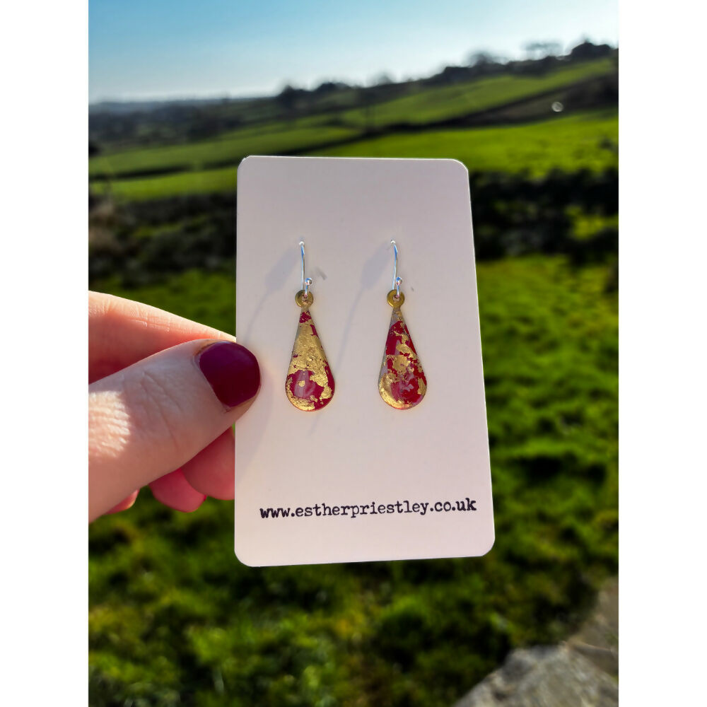 Silver Dangle Earrings: Handmade Marbled Effect Jewellery with Gold Leaf
