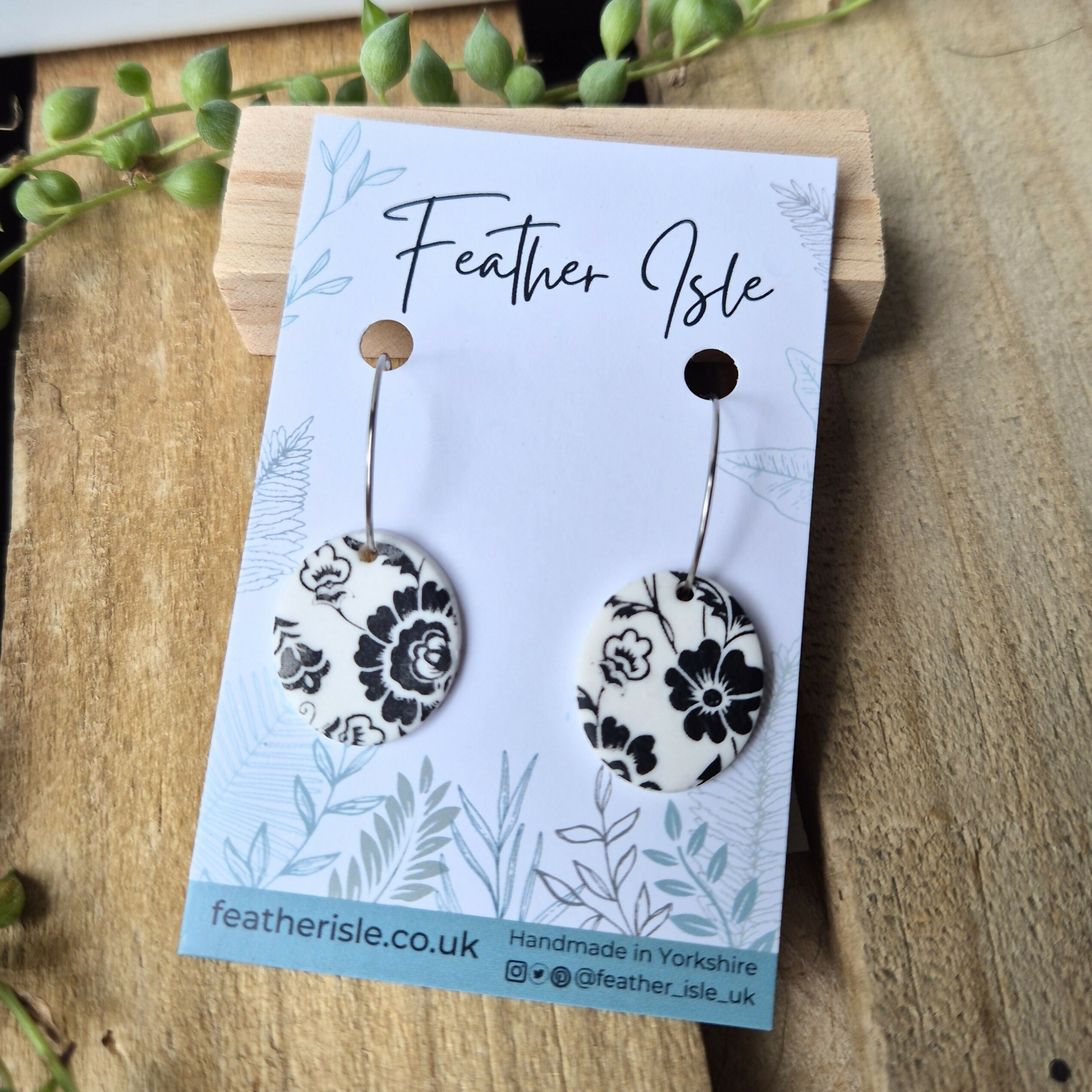 Monochrome Flower Print Oval Hoop Earrings