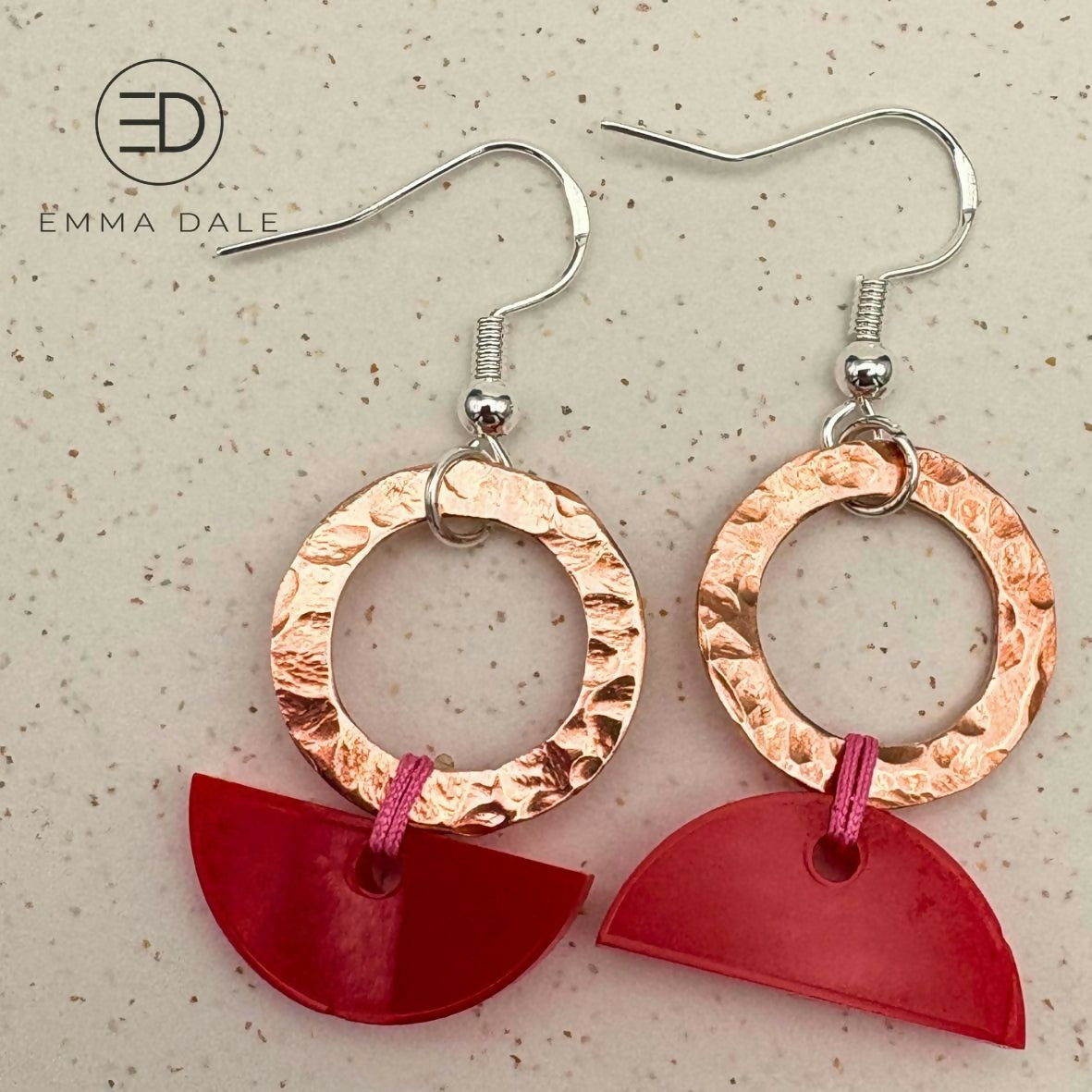 Red Acrylic & Hand-Hammered Copper Semi-Circle mismatched Earrings