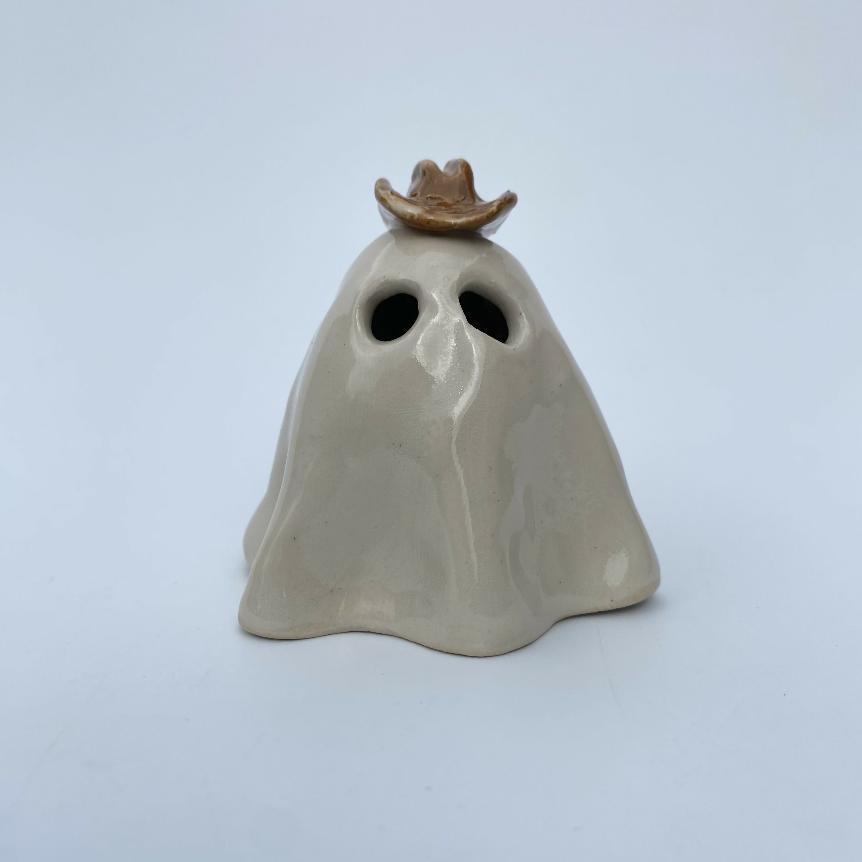Handmade Ceramic Ghost Ornament With A Cowboy Hat