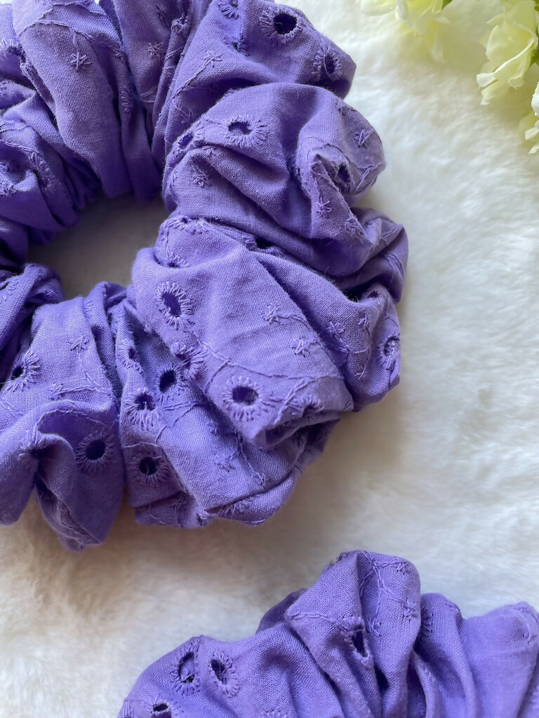 Handmade Scrunchies Violet Embroidered Cotton