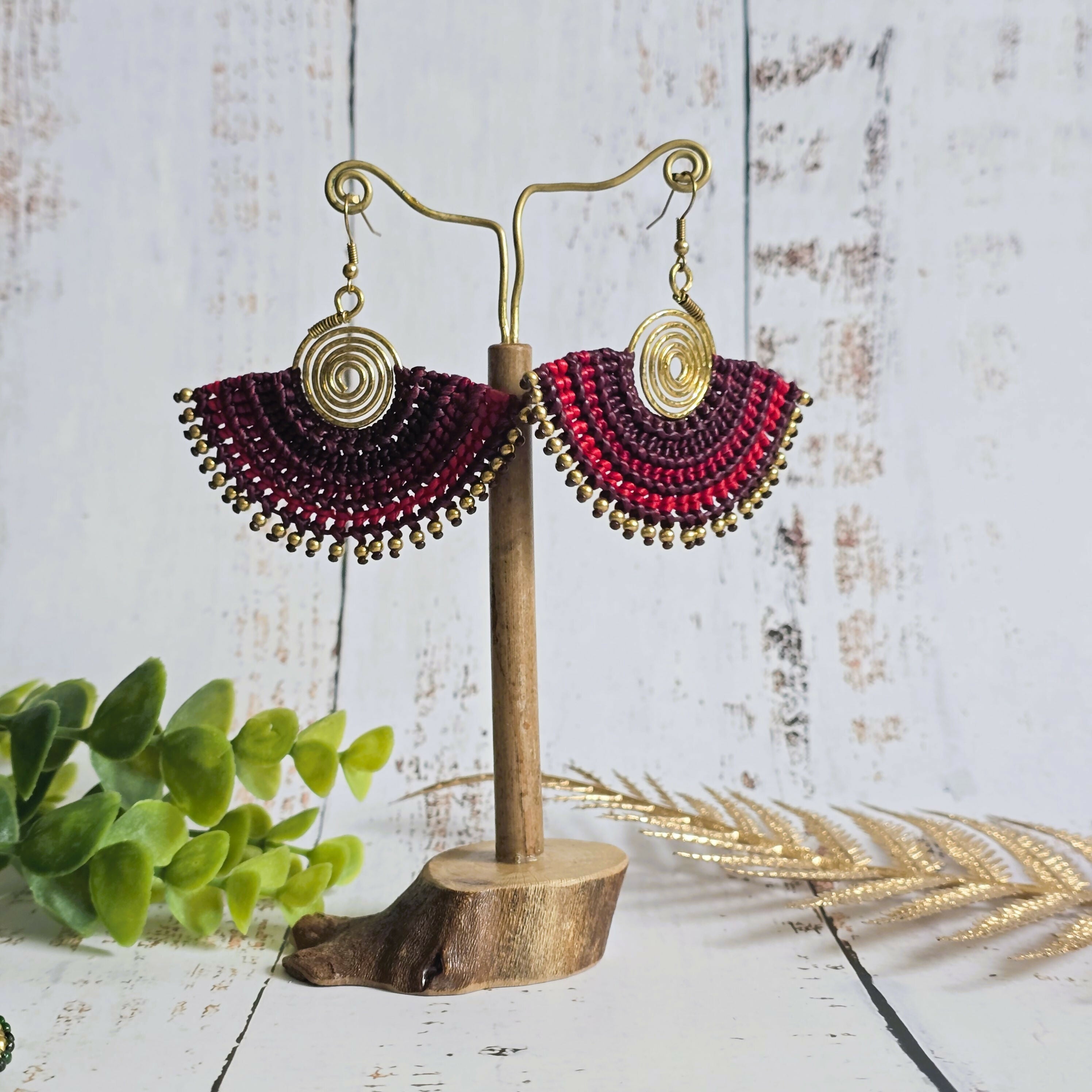 Red Macrame Fan Earrings; Statement Golden Spiral Wire-Art Thai Artisan Earrings