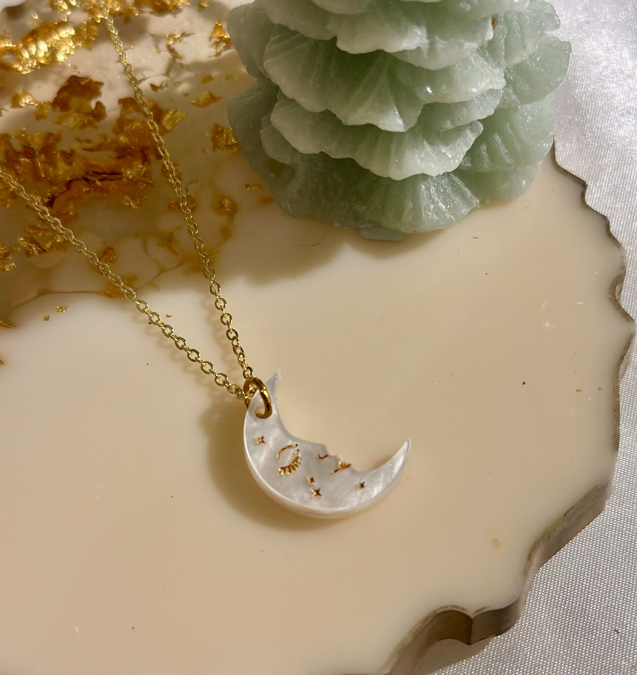 Celestial, Pearlised Crescent Moon Face Necklace