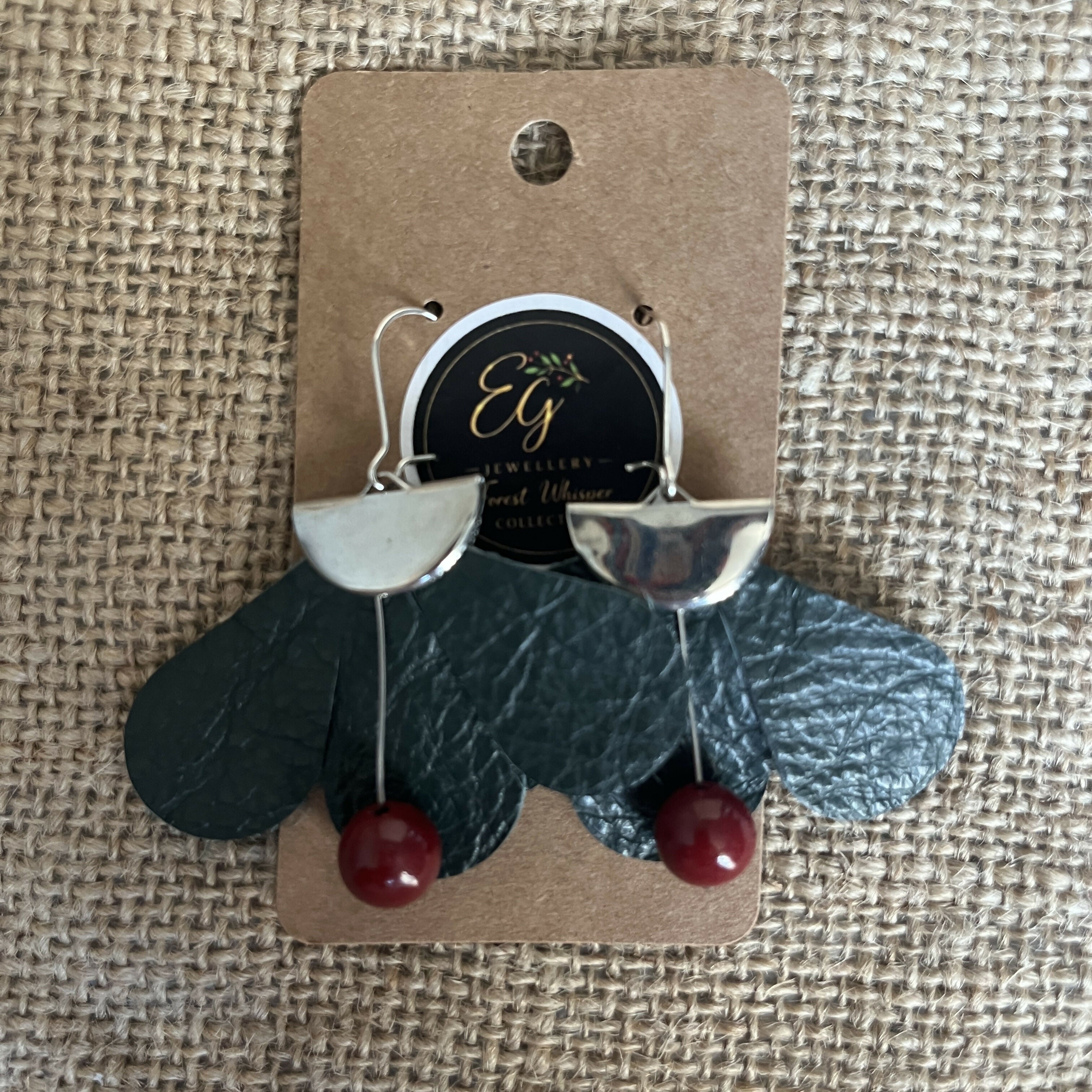 Forest Whisper – Dark Green Thin Leather Flower Earrings with Burgundy Stone