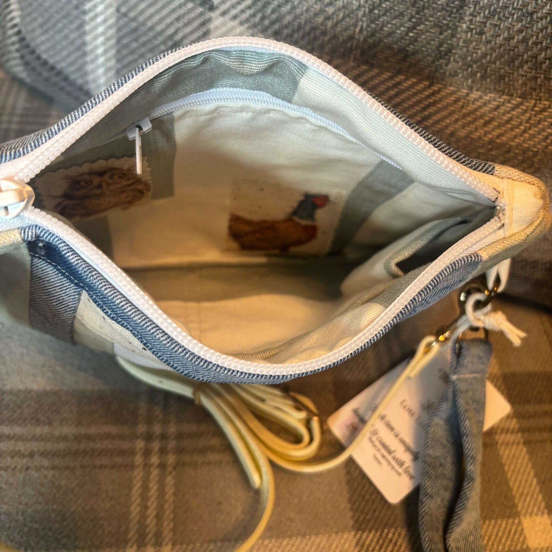 Unique Handcrafted Patchwork Purse Wristie With Crossbody Strap Made From Upcycled Jeans And Animal Print Fabric