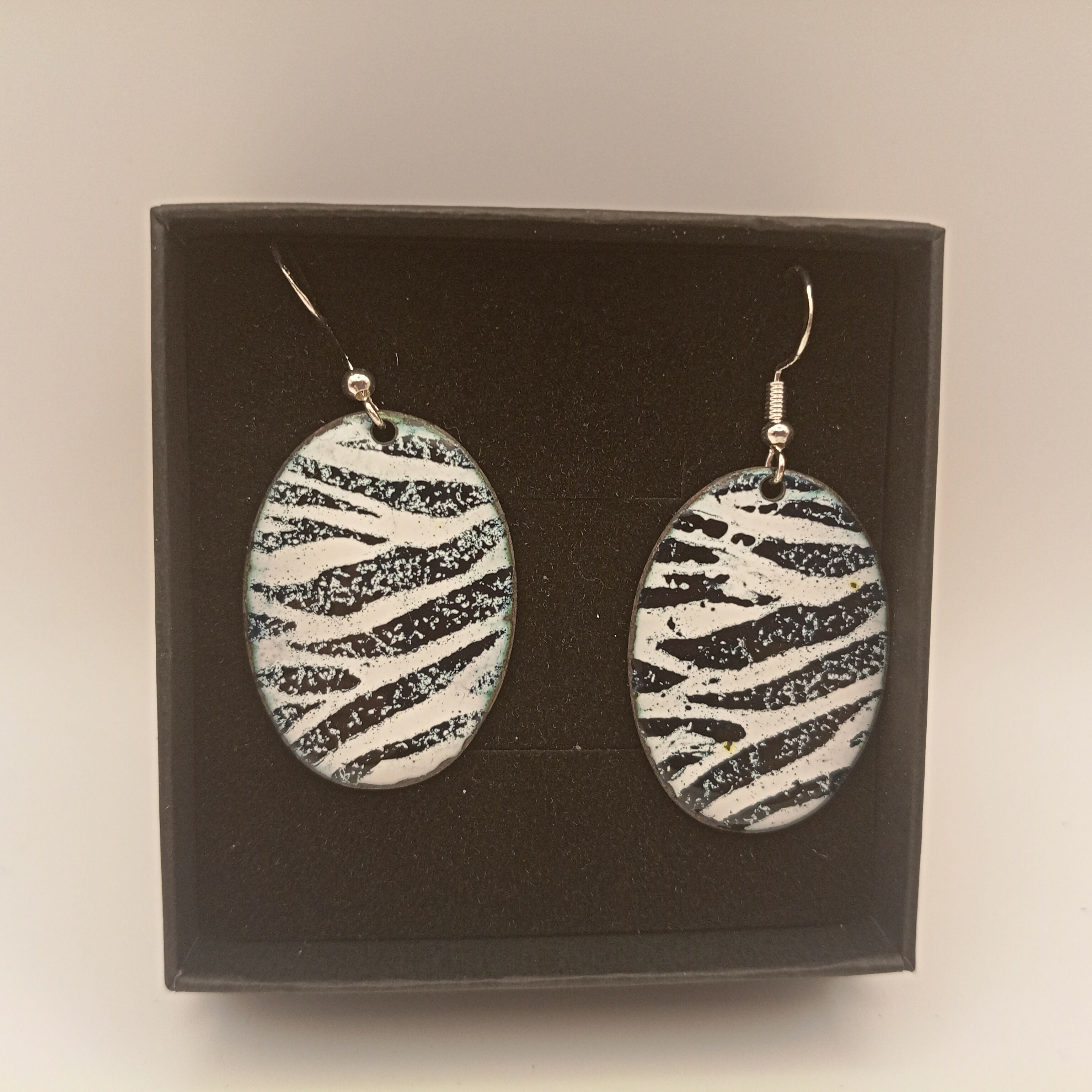 Black and White Striped Enamel Oval Earrings