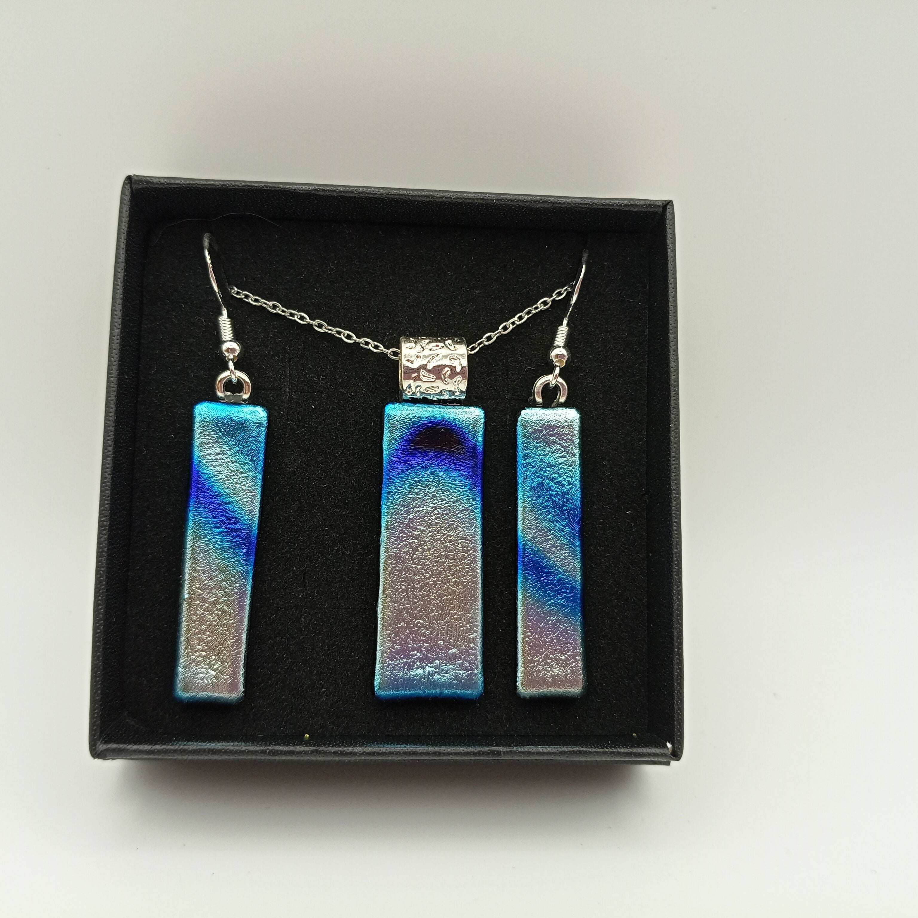 Silver and Blue Dichroic Pendant and Earring Set