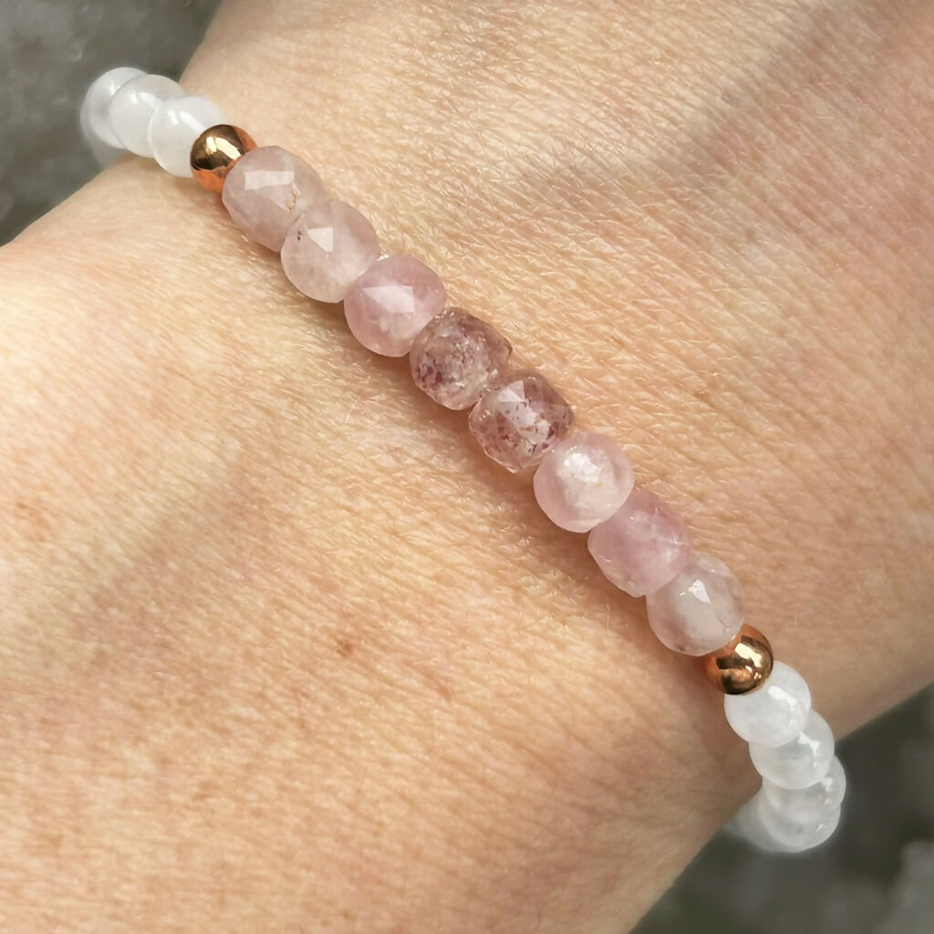 Handmade Rose Quartz, Strawberry Quartz And Selenite Stretch Bracelet