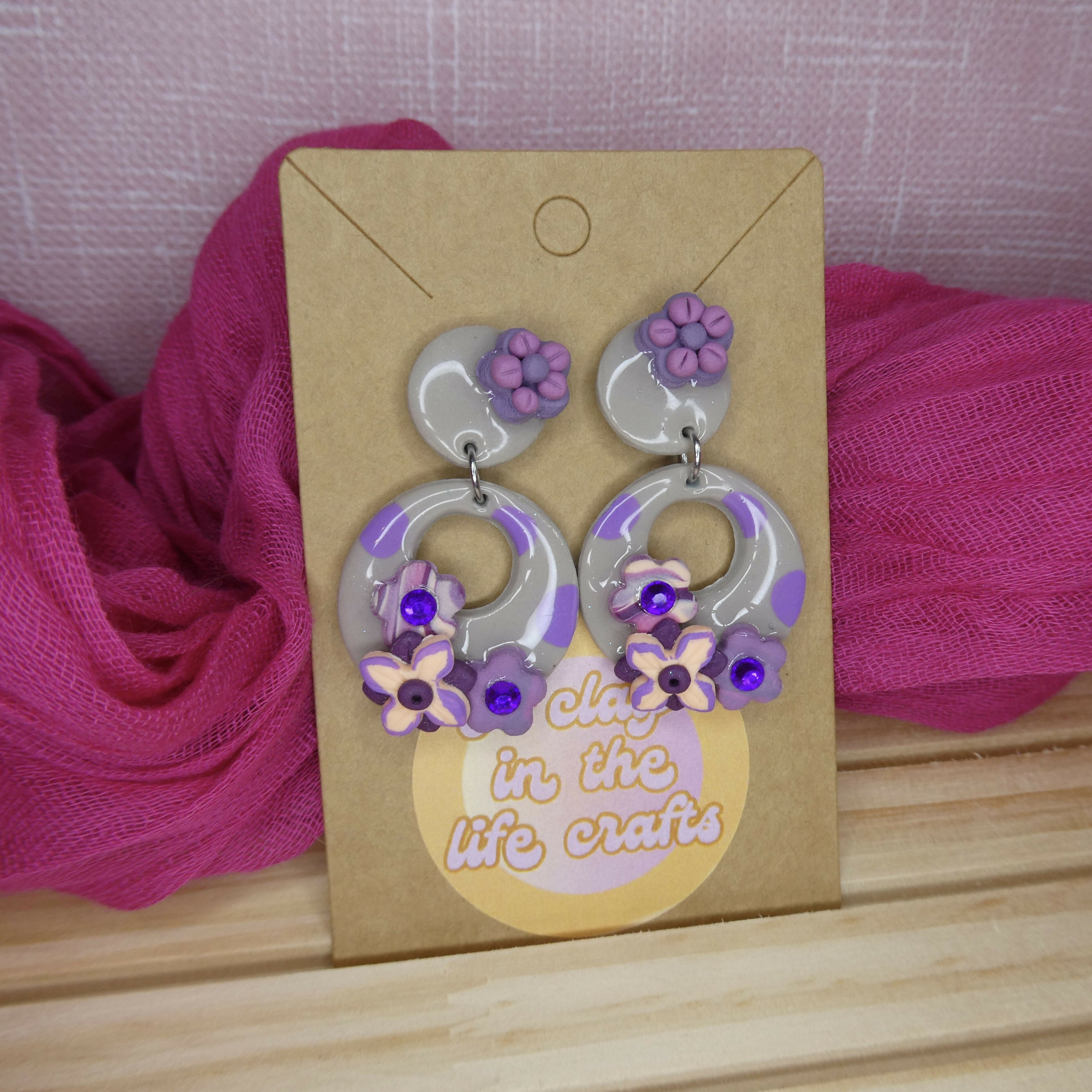 Taupe And Purple Ring Polymer Clay Earrings With Floral Detail